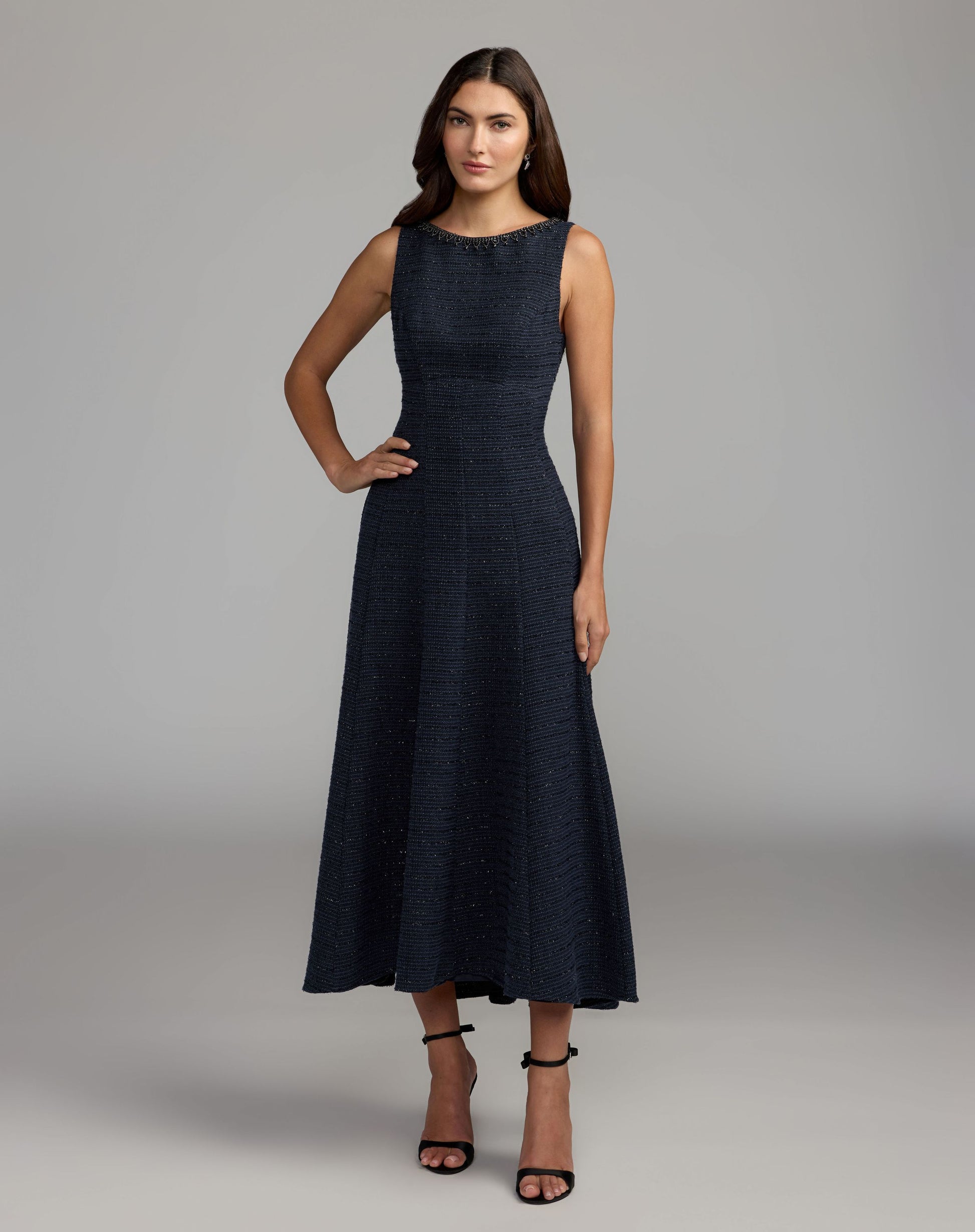 Navy Sleeveless A-Line Boucle Midi Dress - Mac Duggal