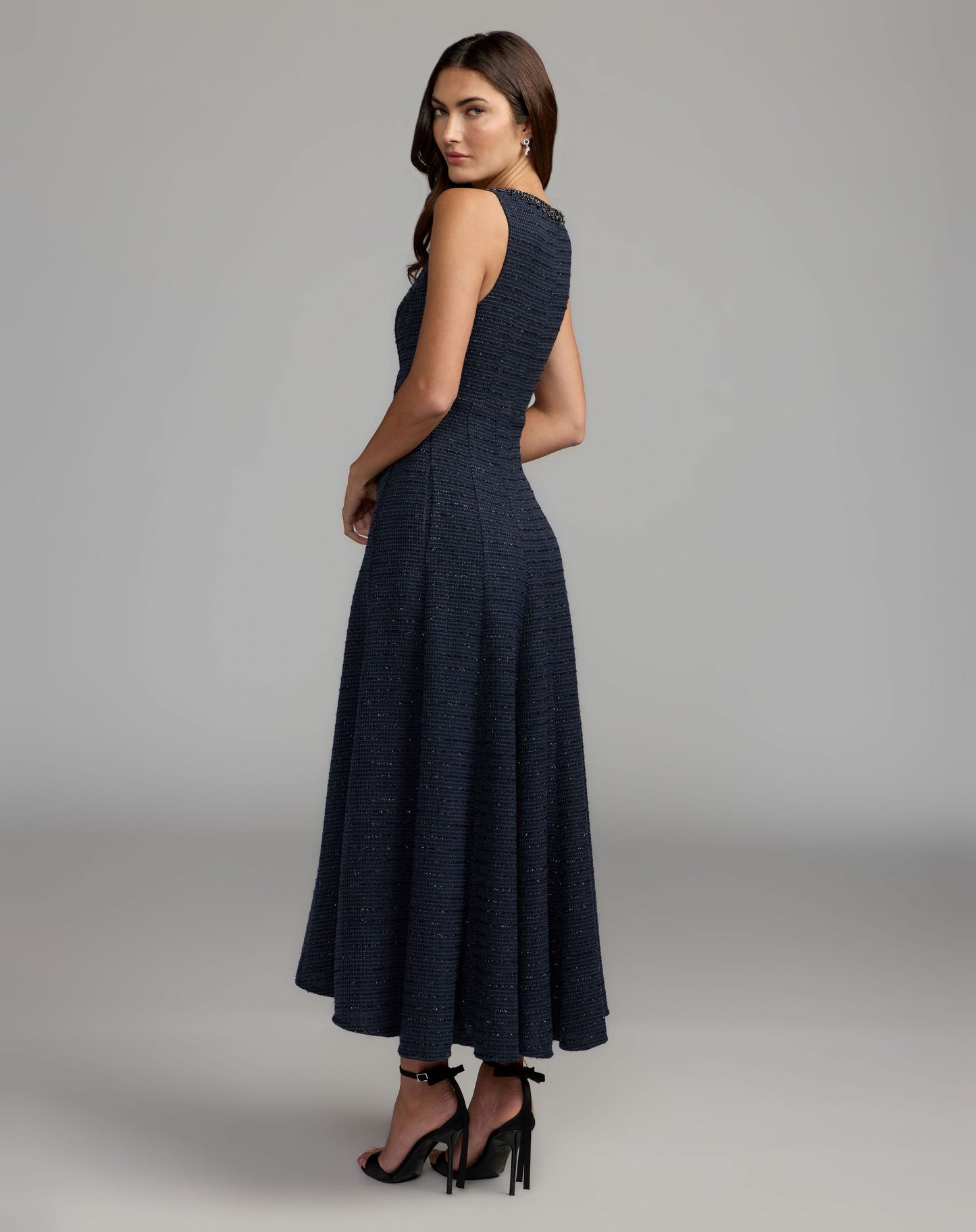 Navy Sleeveless A-Line Boucle Midi Dress - Mac Duggal