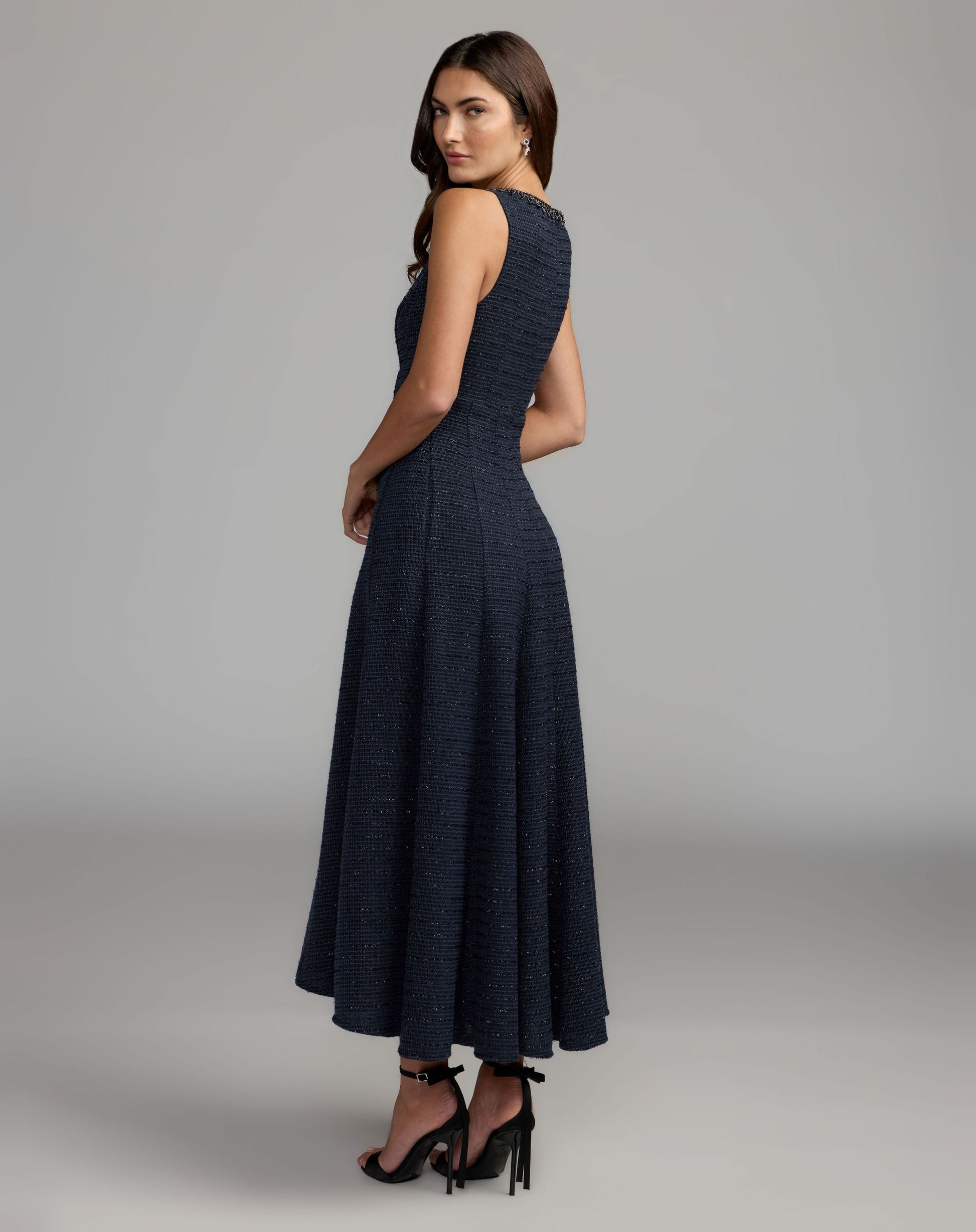 Navy Sleeveless A-Line Boucle Midi Dress - Mac Duggal