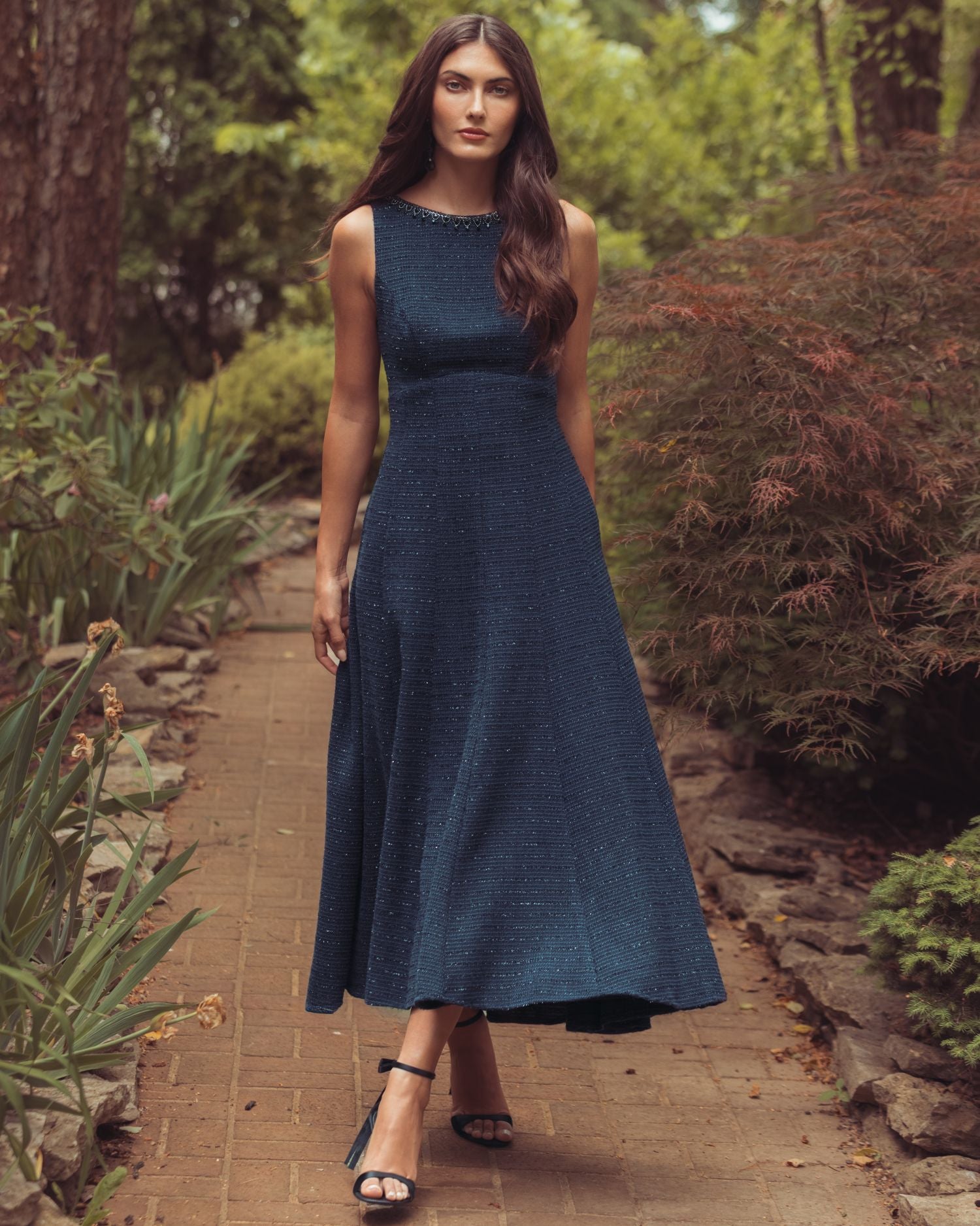 Navy Sleeveless A-Line Boucle Midi Dress - Mac Duggal