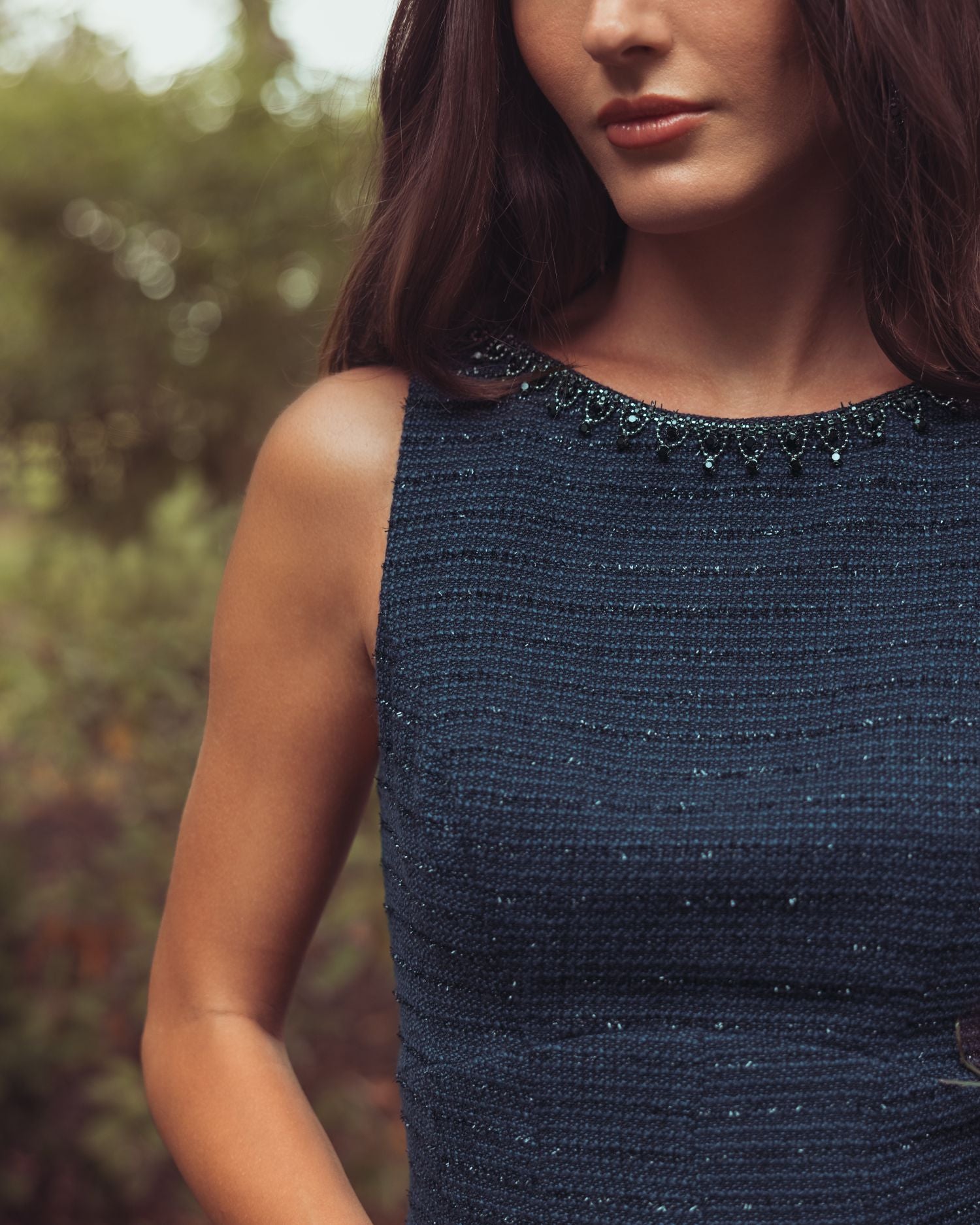 Navy Sleeveless A-Line Boucle Midi Dress - Mac Duggal