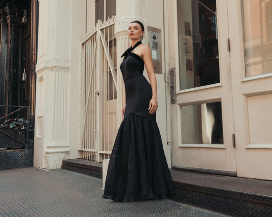 Black Long Sleeve Floral Embellished Gown