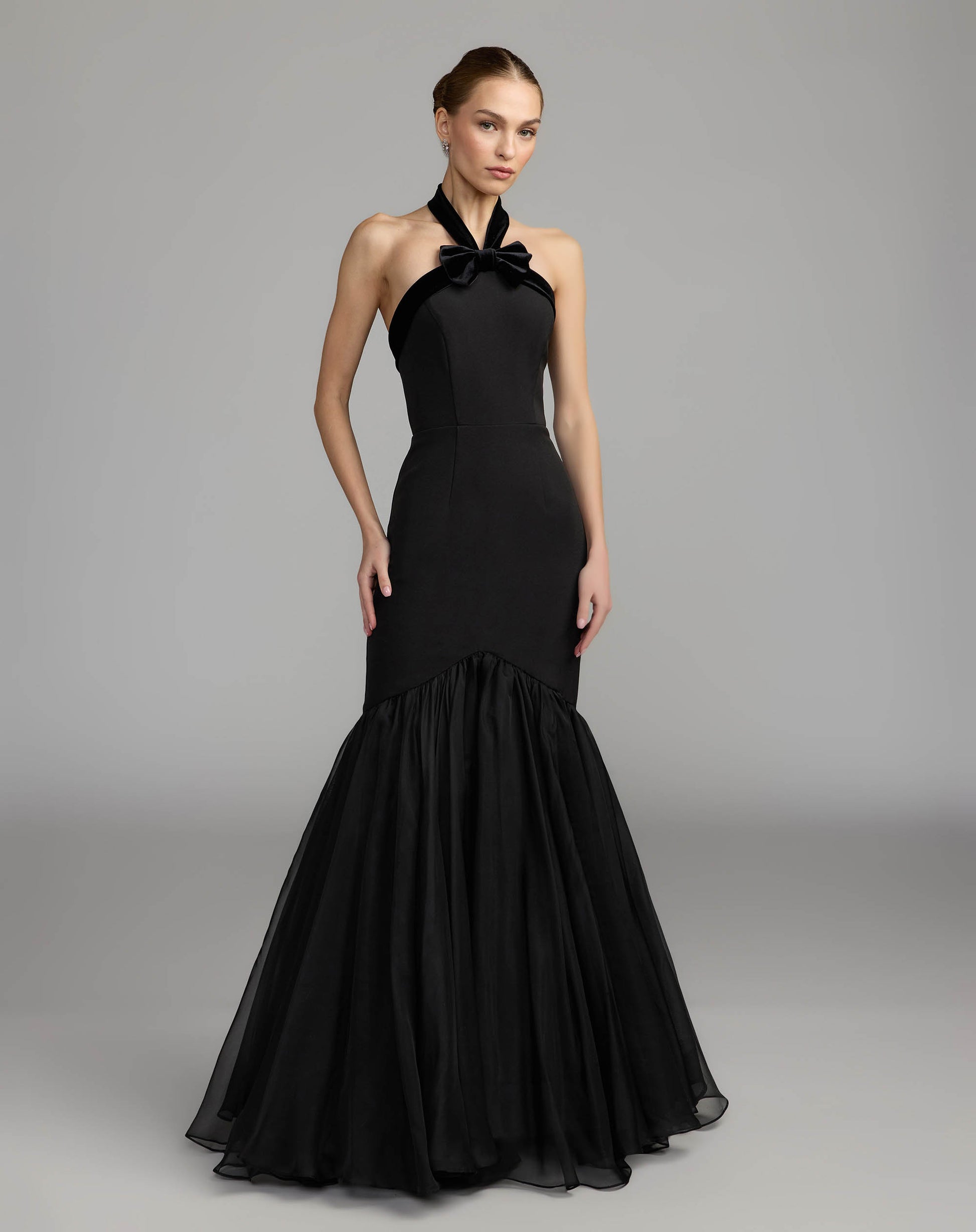 Black Halter Mermaid Gown With Bow - Ieena for Mac Duggal