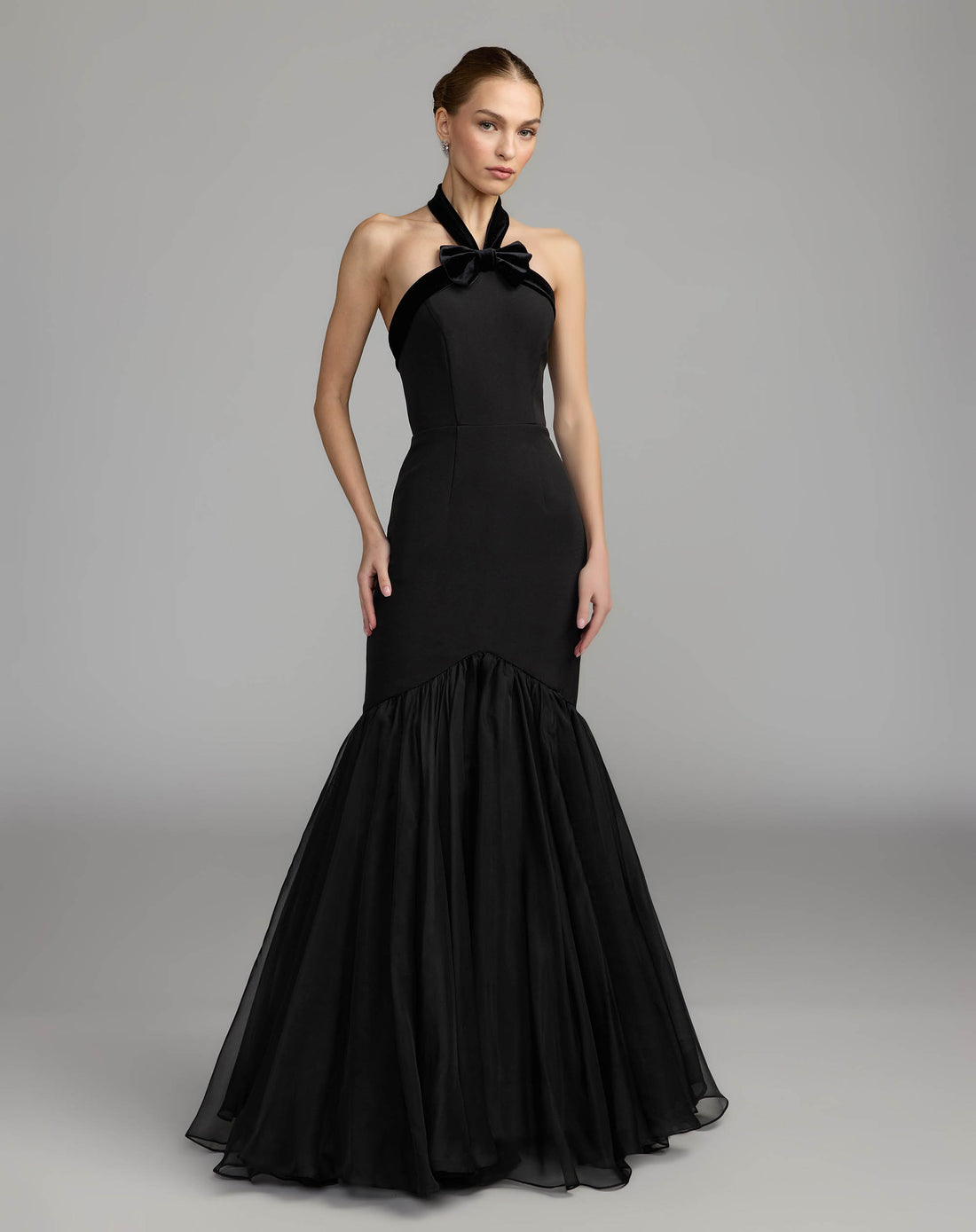 Black Halter Mermaid Gown With Bow - Ieena for Mac Duggal