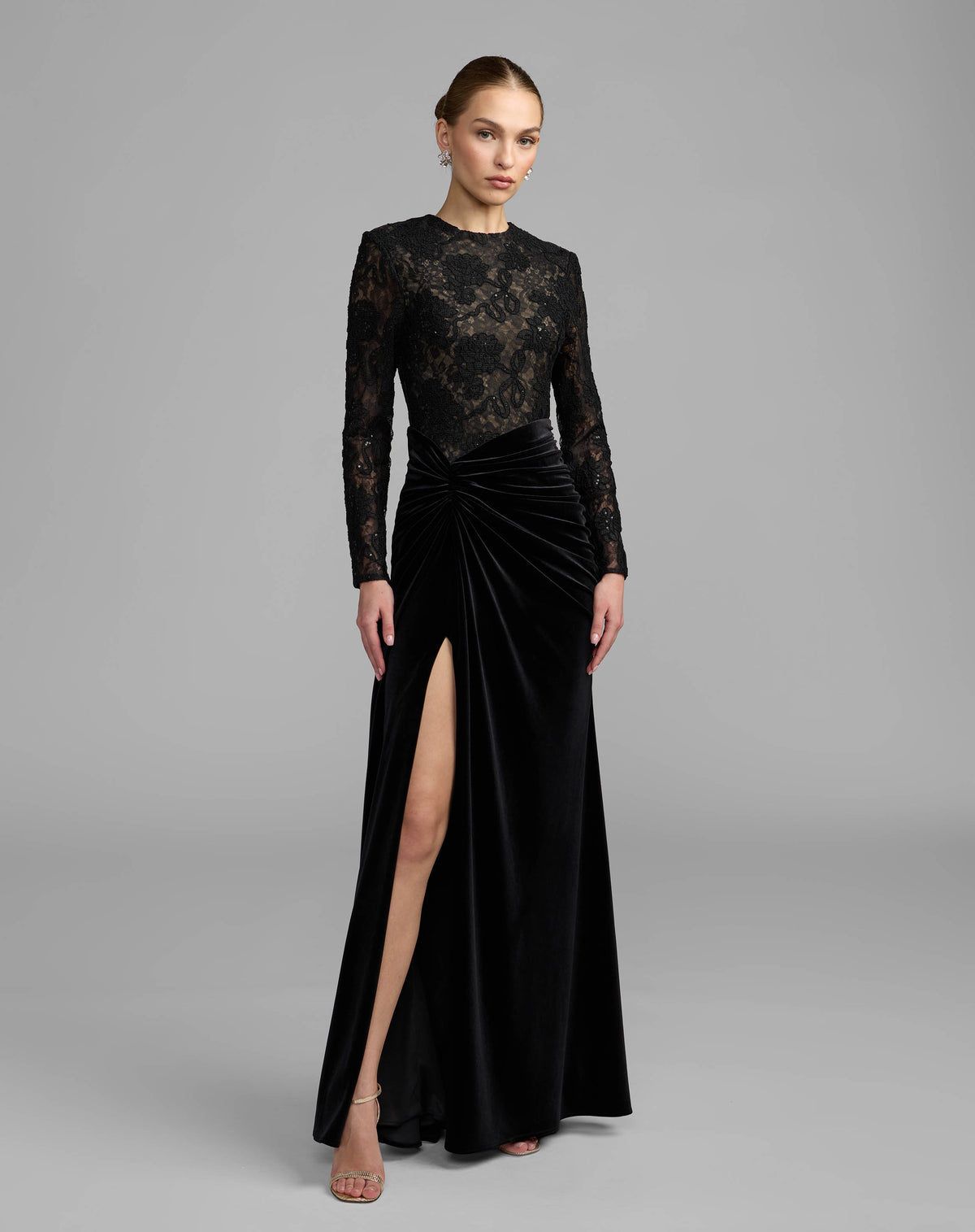 Black Nude Embroidered Lace Velvet Long Sleeve Gown - Ieena for Mac Duggal