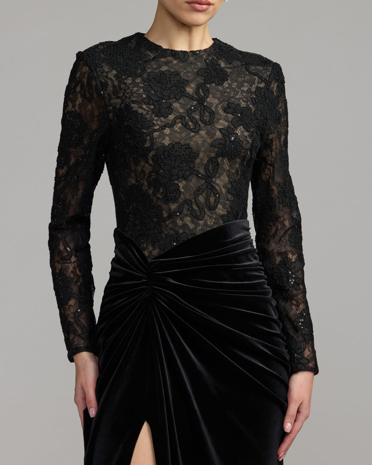 Black Nude Embroidered Lace Velvet Long Sleeve Gown - Ieena for Mac Duggal