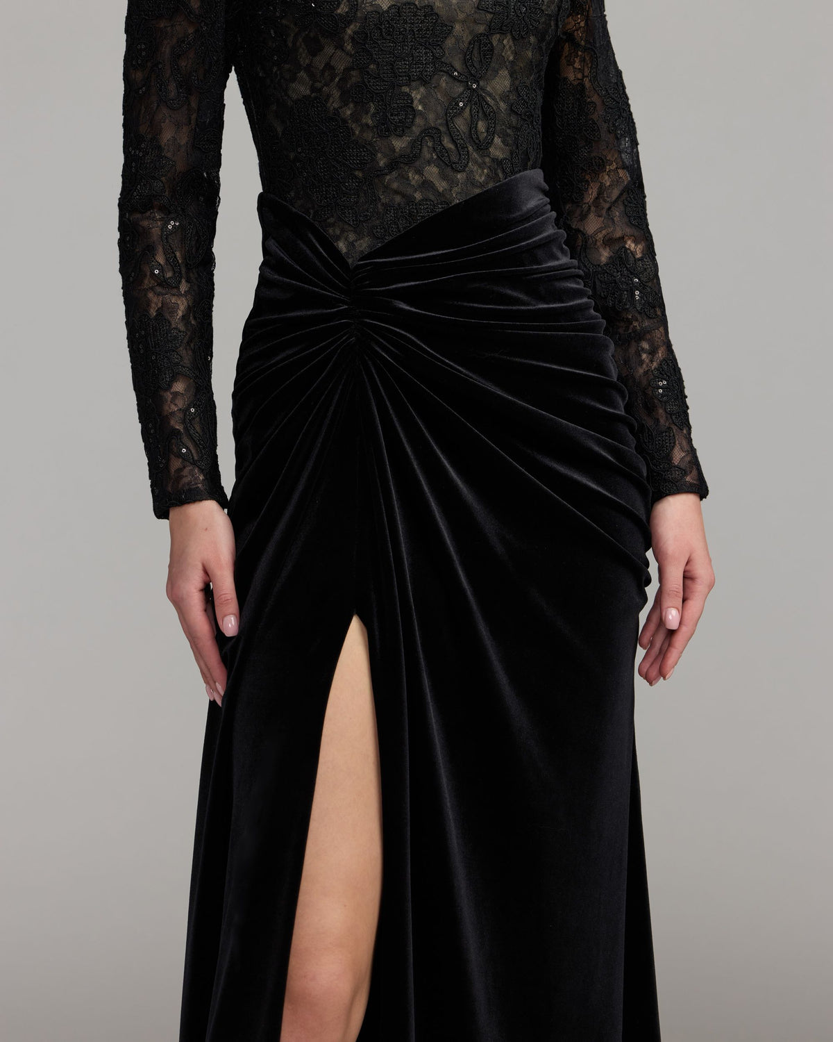 Black Nude Embroidered Lace Velvet Long Sleeve Gown - Ieena for Mac Duggal