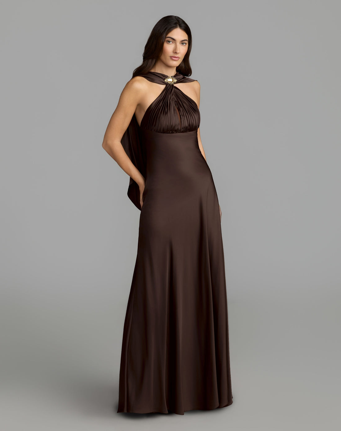 Brown Charmeuse Cowl Back Halter Gown - Ieena for Mac Duggal