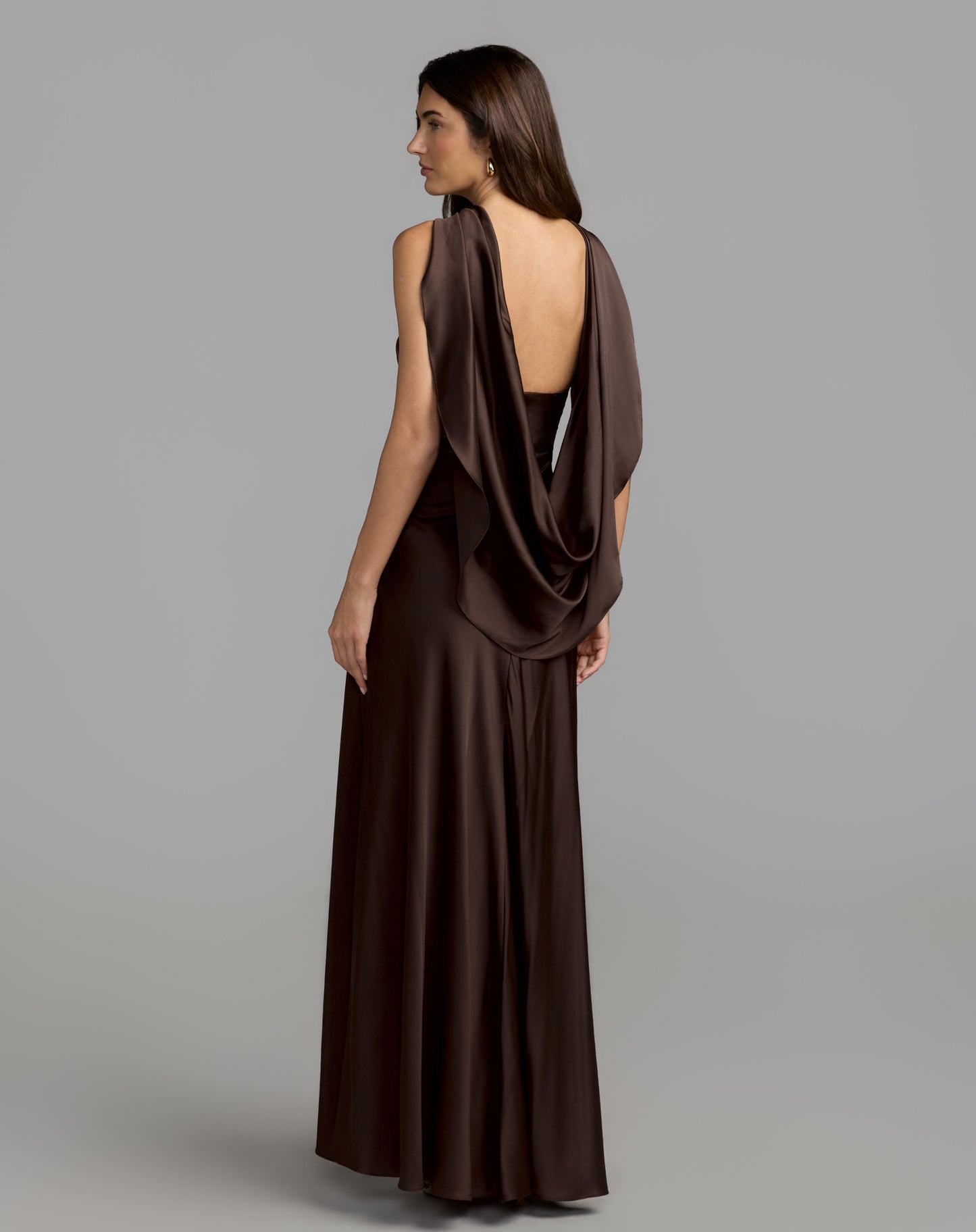 Brown Charmeuse Cowl Back Halter Gown - Ieena for Mac Duggal