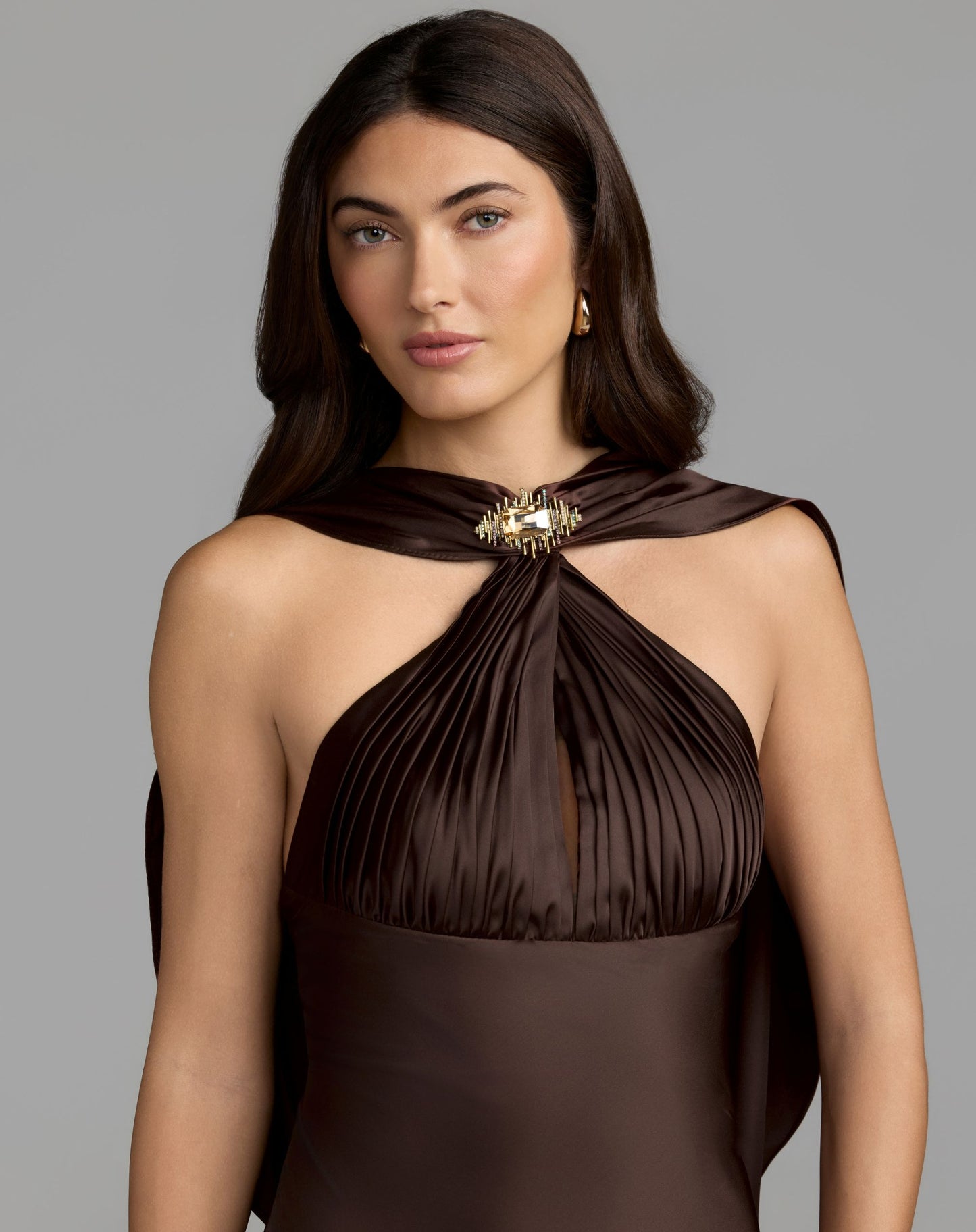 Brown Charmeuse Cowl Back Halter Gown - Ieena for Mac Duggal