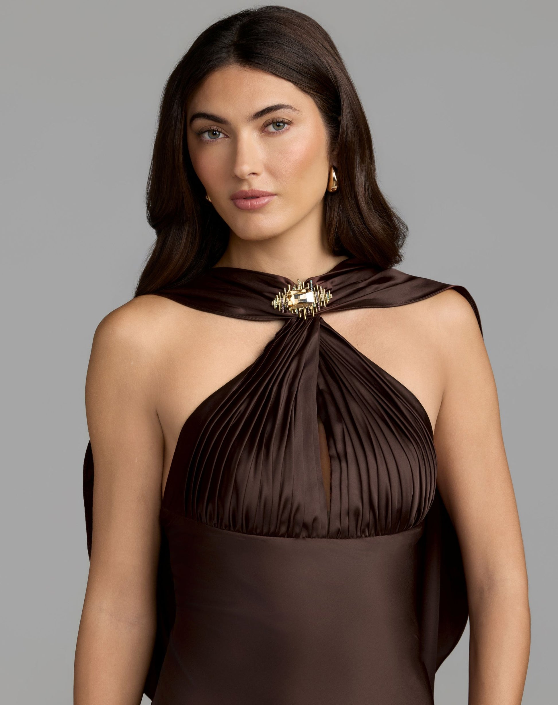Brown Charmeuse Cowl Back Halter Gown - Ieena for Mac Duggal