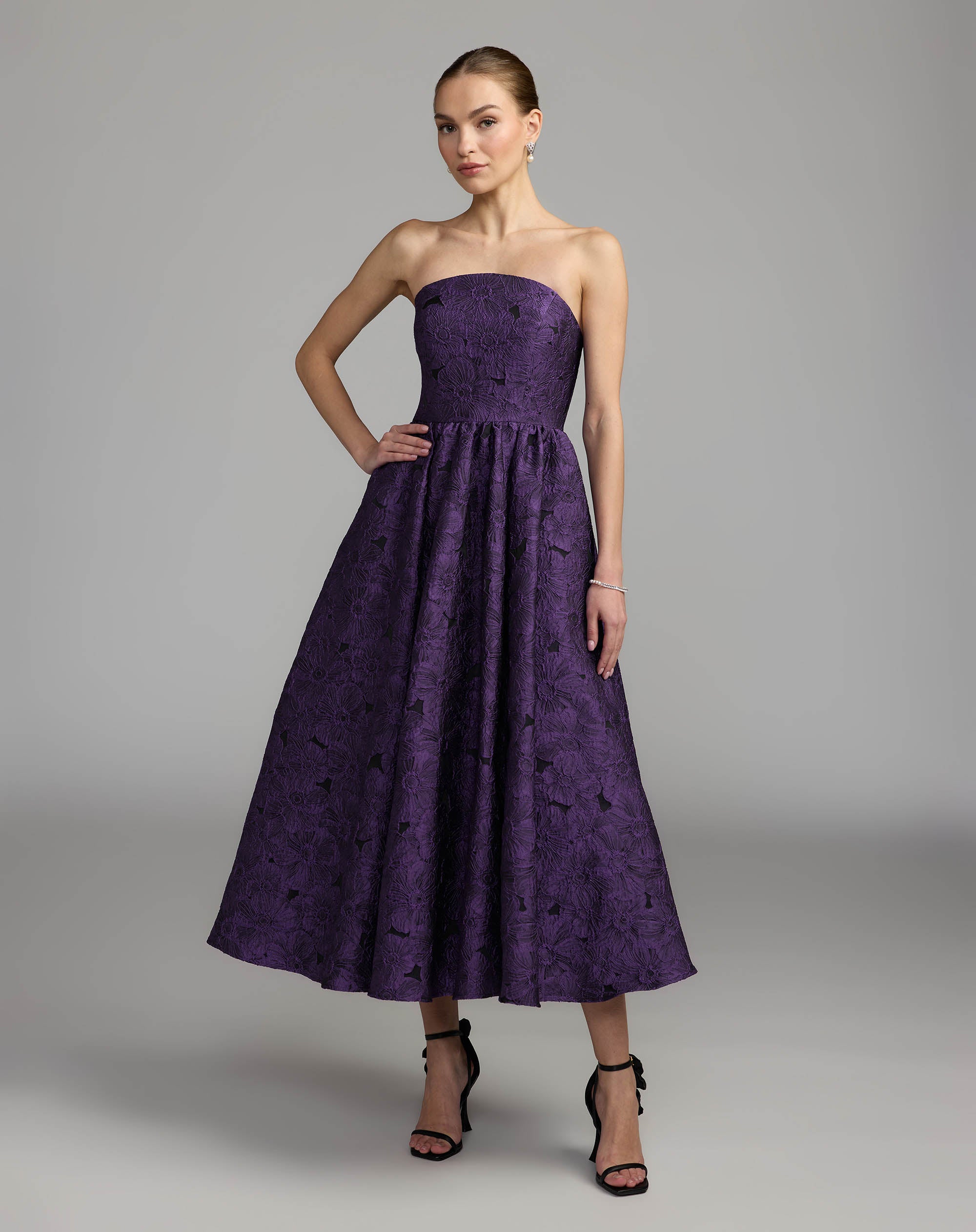 Purple Floral Brocade Strapless Midi Dress Mac Duggal