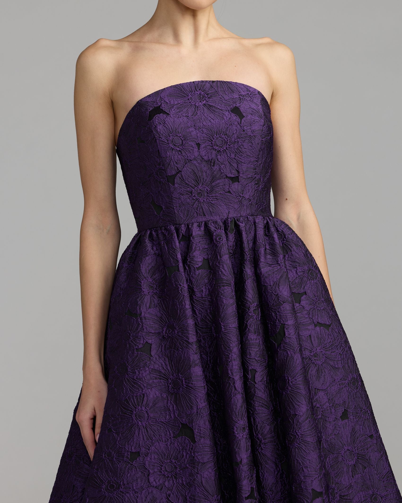 Purple Floral Brocade Strapless Midi Dress Mac Duggal