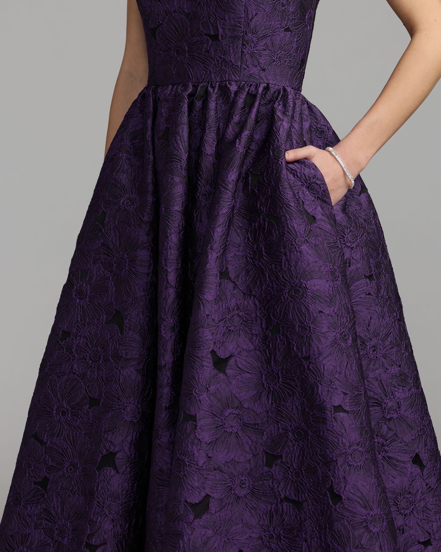 Purple Floral Brocade Strapless Midi Dress Mac Duggal