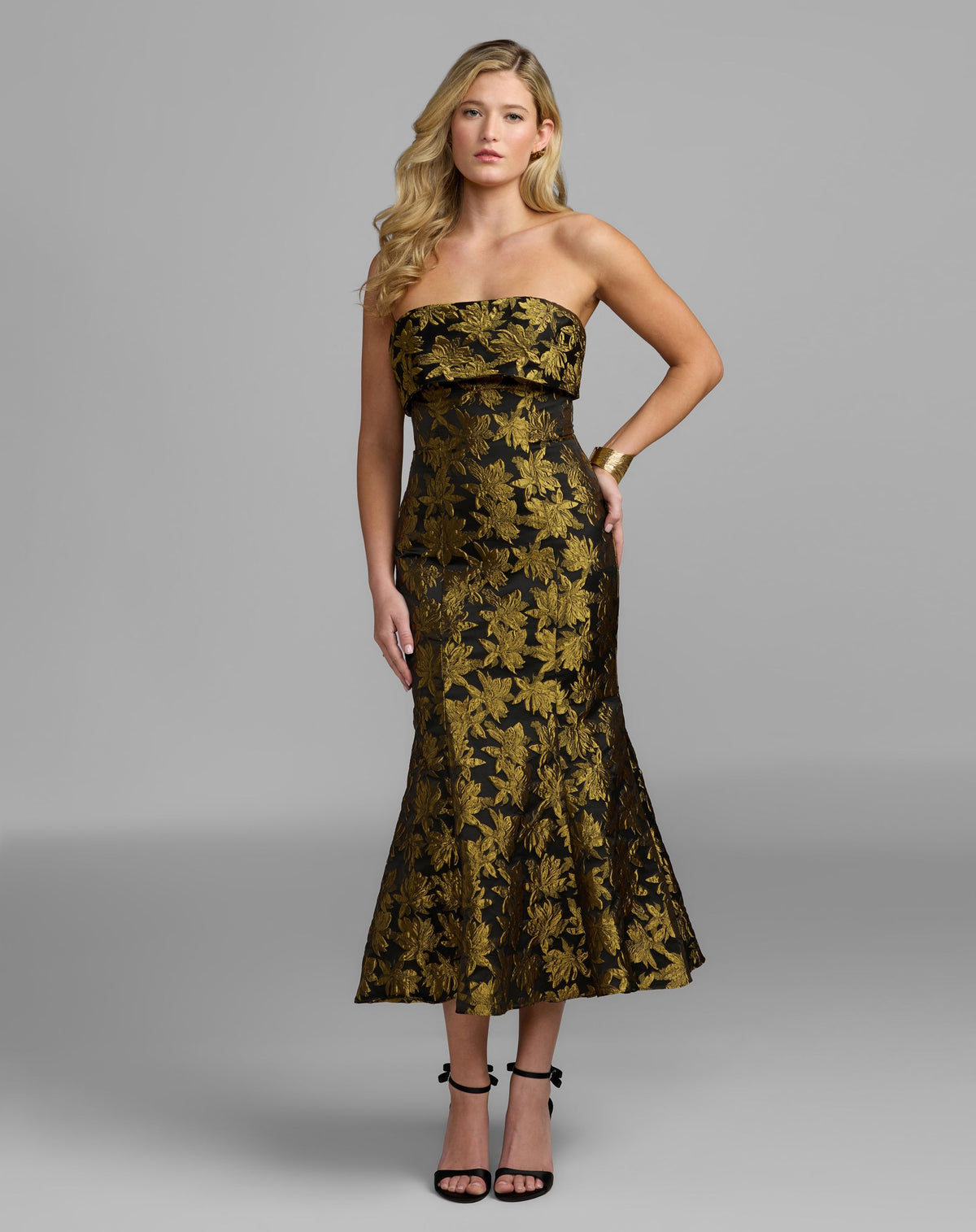 Gold Metallic Strapless Brocade Mermaid Midi Dress - Mac Duggal