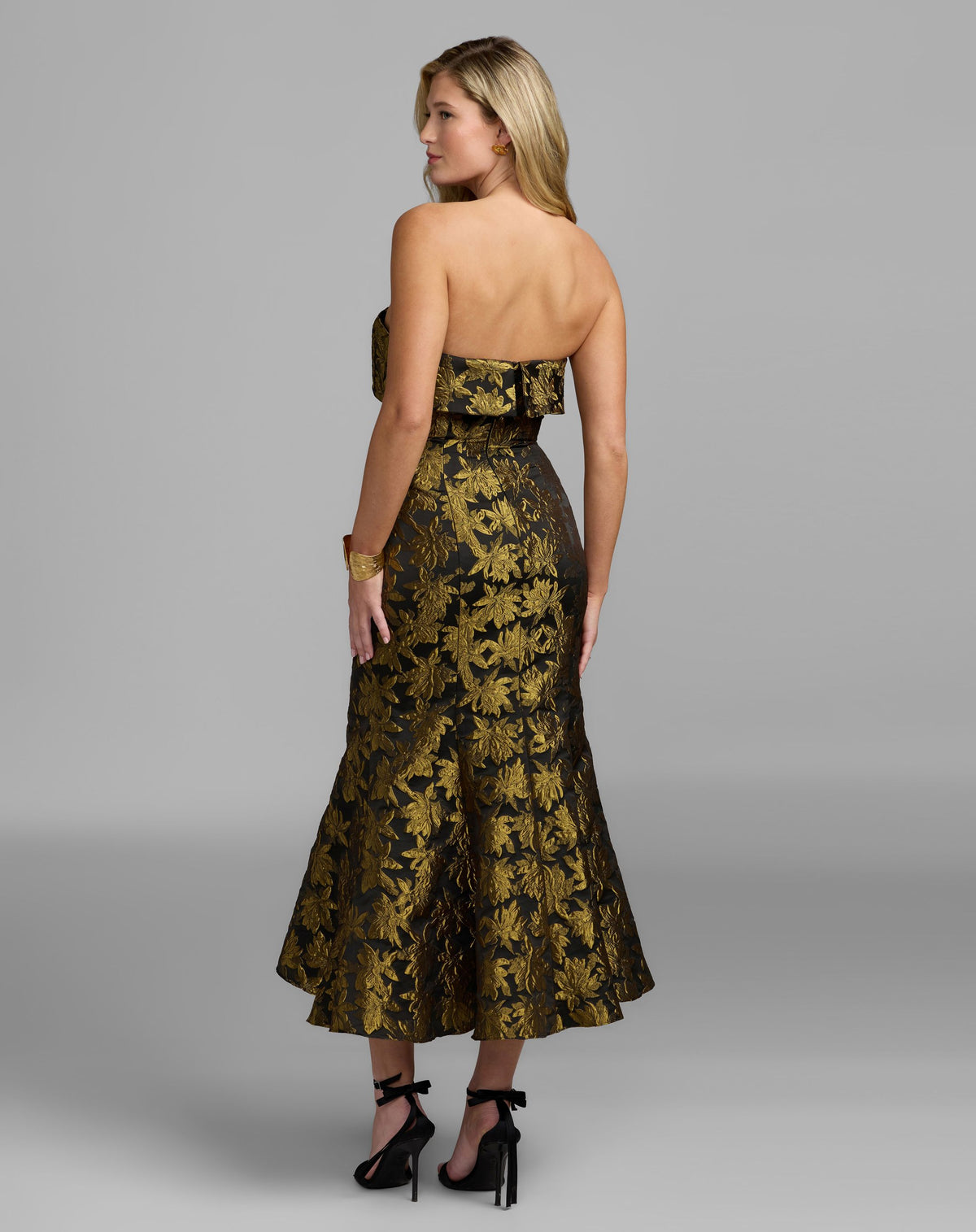 Gold Metallic Strapless Brocade Mermaid Midi Dress - Mac Duggal