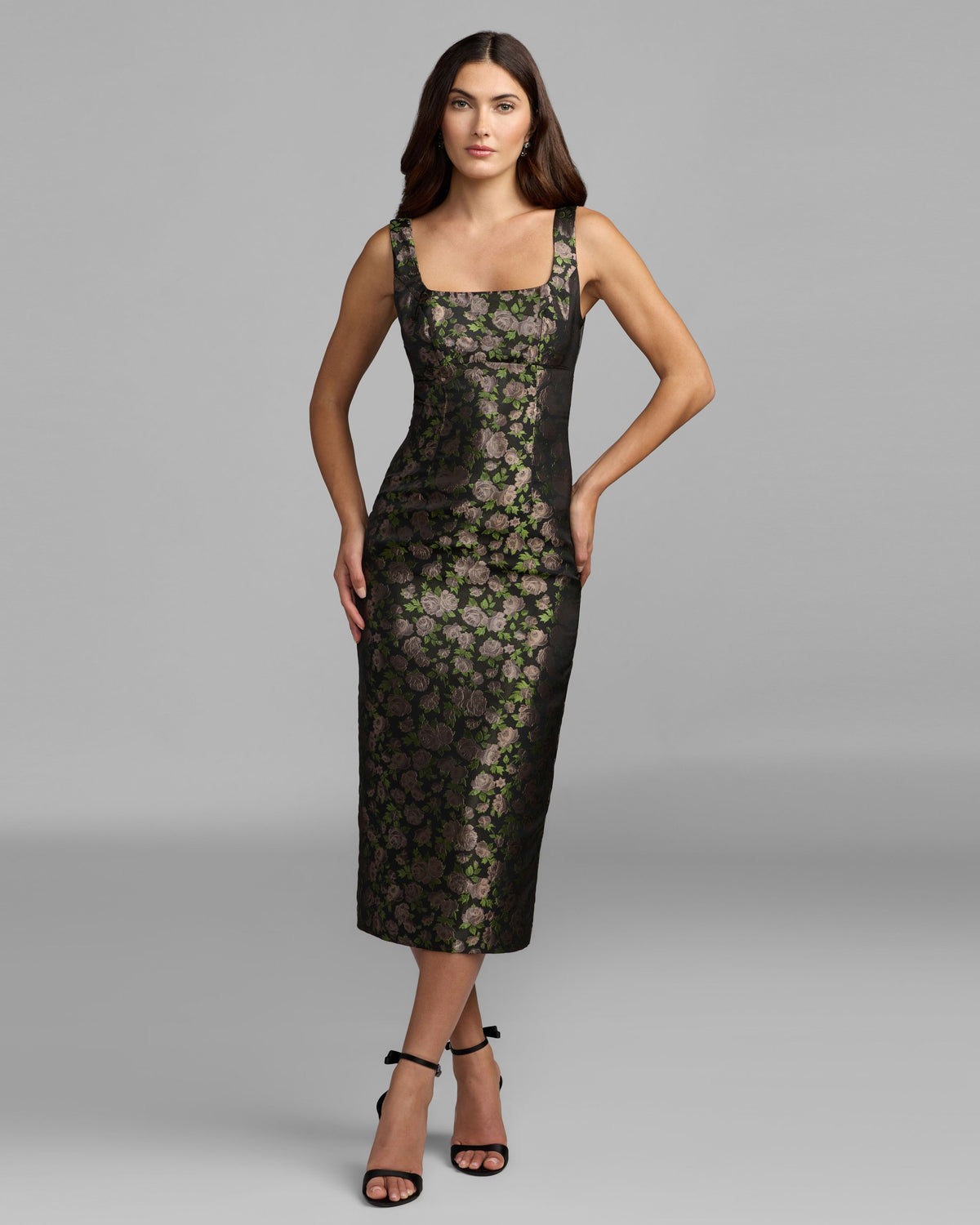 Black Floral Brocade Midi Dress Mac Duggal
