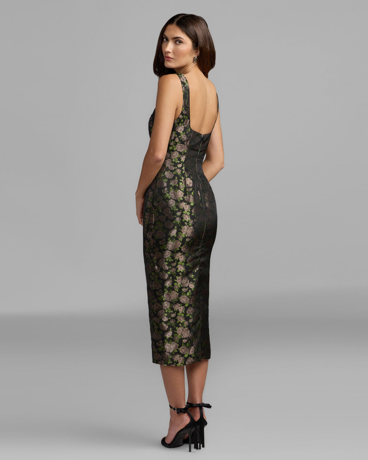 Black Floral Brocade Midi Dress Mac Duggal