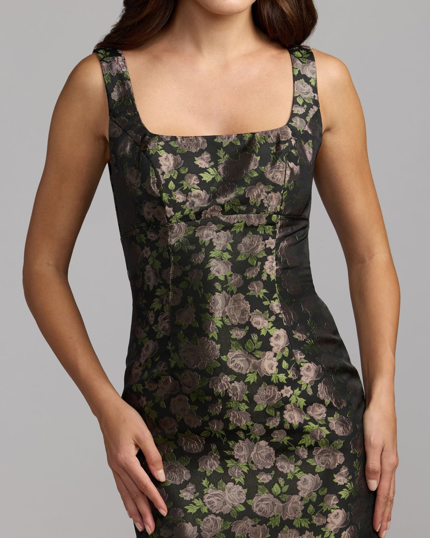 Black Floral Brocade Midi Dress Mac Duggal