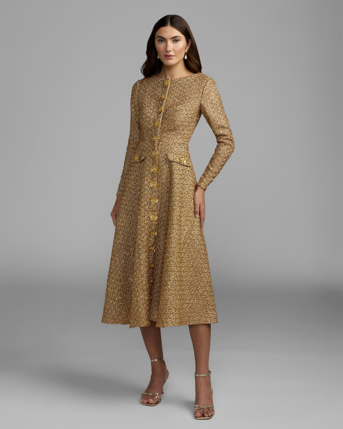 Gold Metallic Sequin Bouclé Midi Dress Mac Duggal