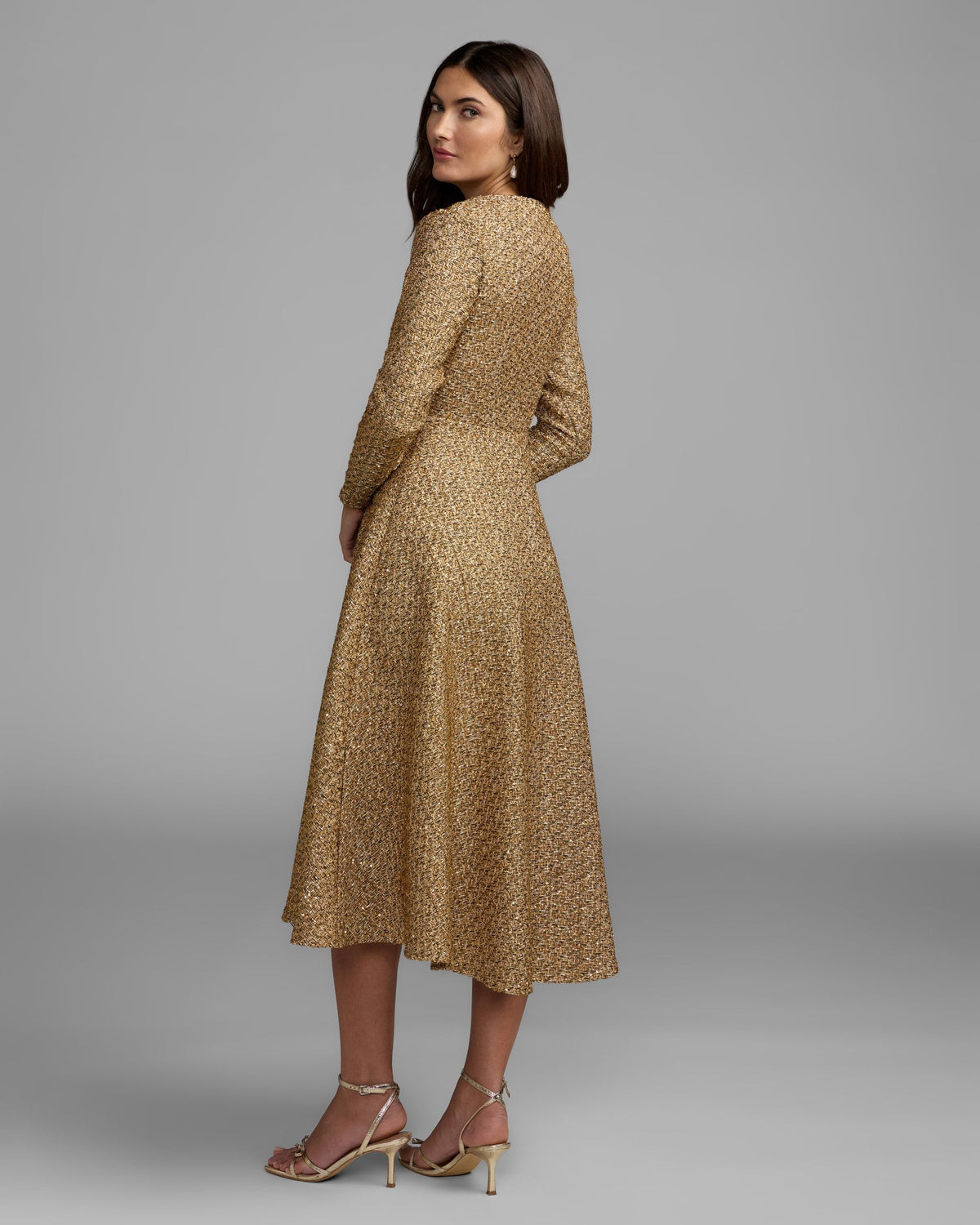 Gold Metallic Sequin Bouclé Midi Dress Mac Duggal