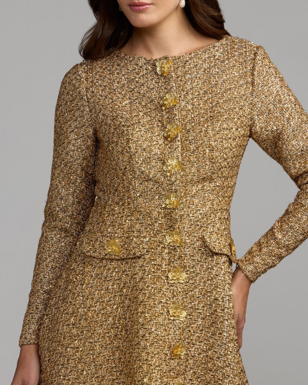 Gold Metallic Sequin Bouclé Midi Dress Mac Duggal