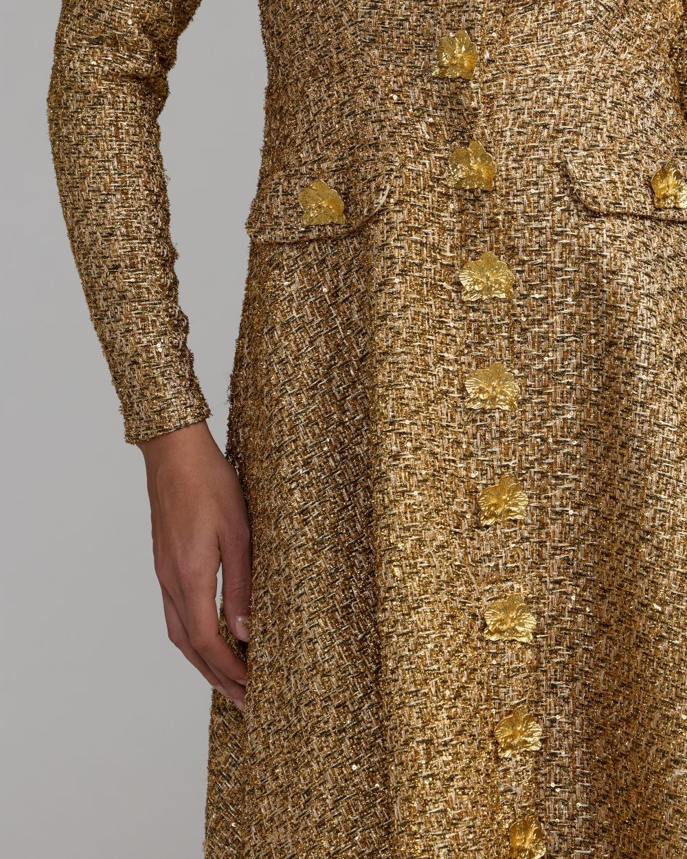 Gold Metallic Sequin Bouclé Midi Dress Mac Duggal
