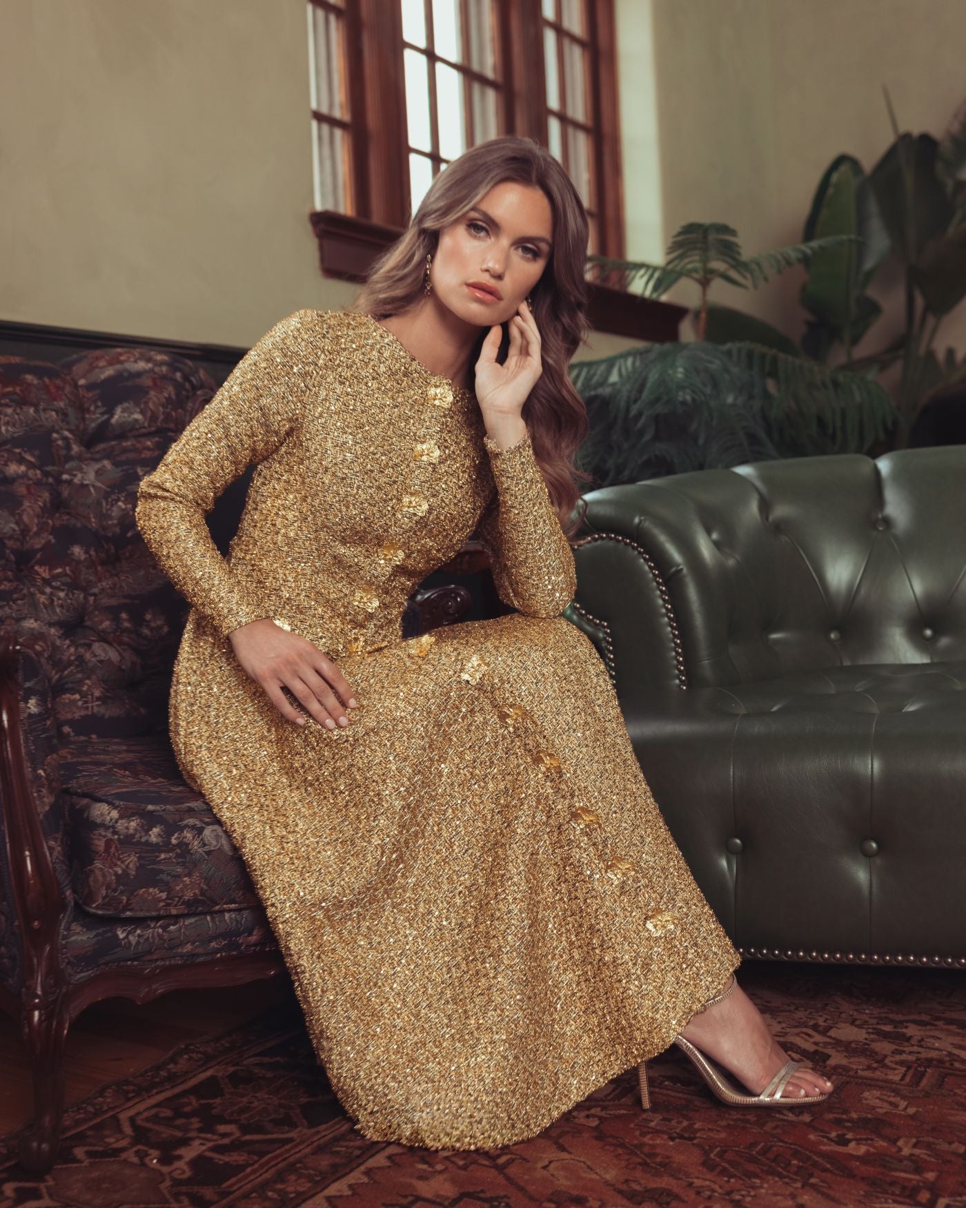 midi gold sequin dress Metallic Bouclé long gold party dress