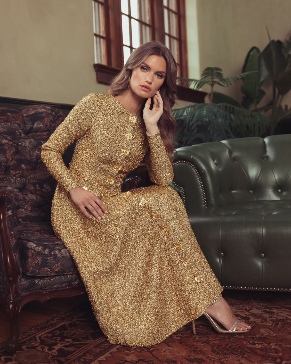 Gold Metallic Sequin Bouclé Midi Dress Mac Duggal