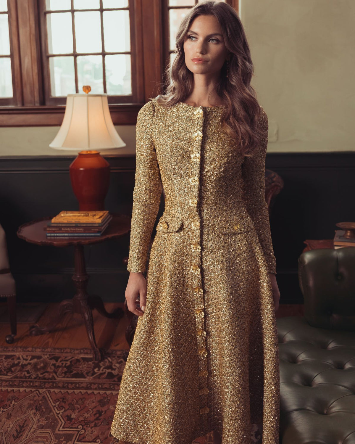 Gold Metallic Sequin Bouclé Midi Dress Mac Duggal