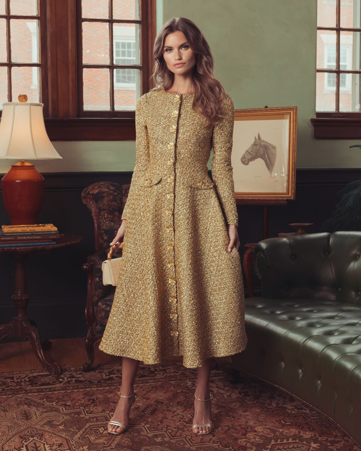 Gold Metallic Sequin Bouclé Midi Dress Mac Duggal