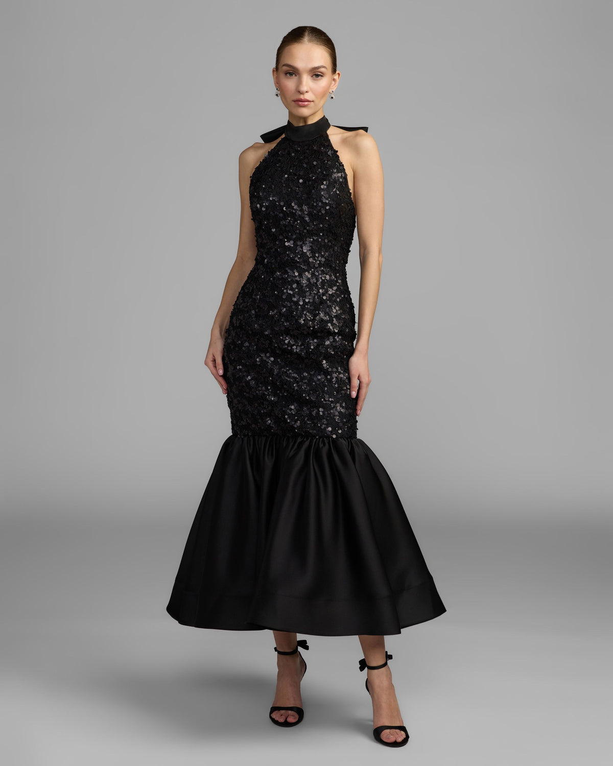 Black Sequin Halter Bow Midi Dress - Ieena for Mac Duggal