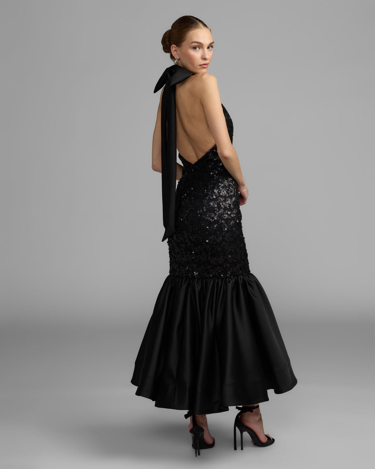 Black Sequin Halter Bow Midi Dress - Ieena for Mac Duggal