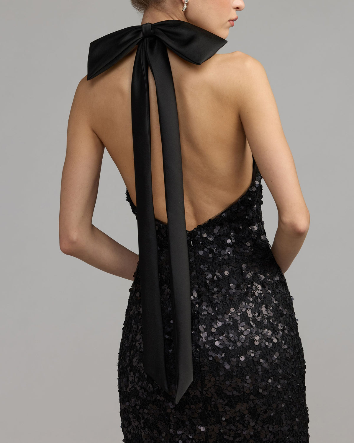 Black Sequin Halter Bow Midi Dress - Ieena for Mac Duggal
