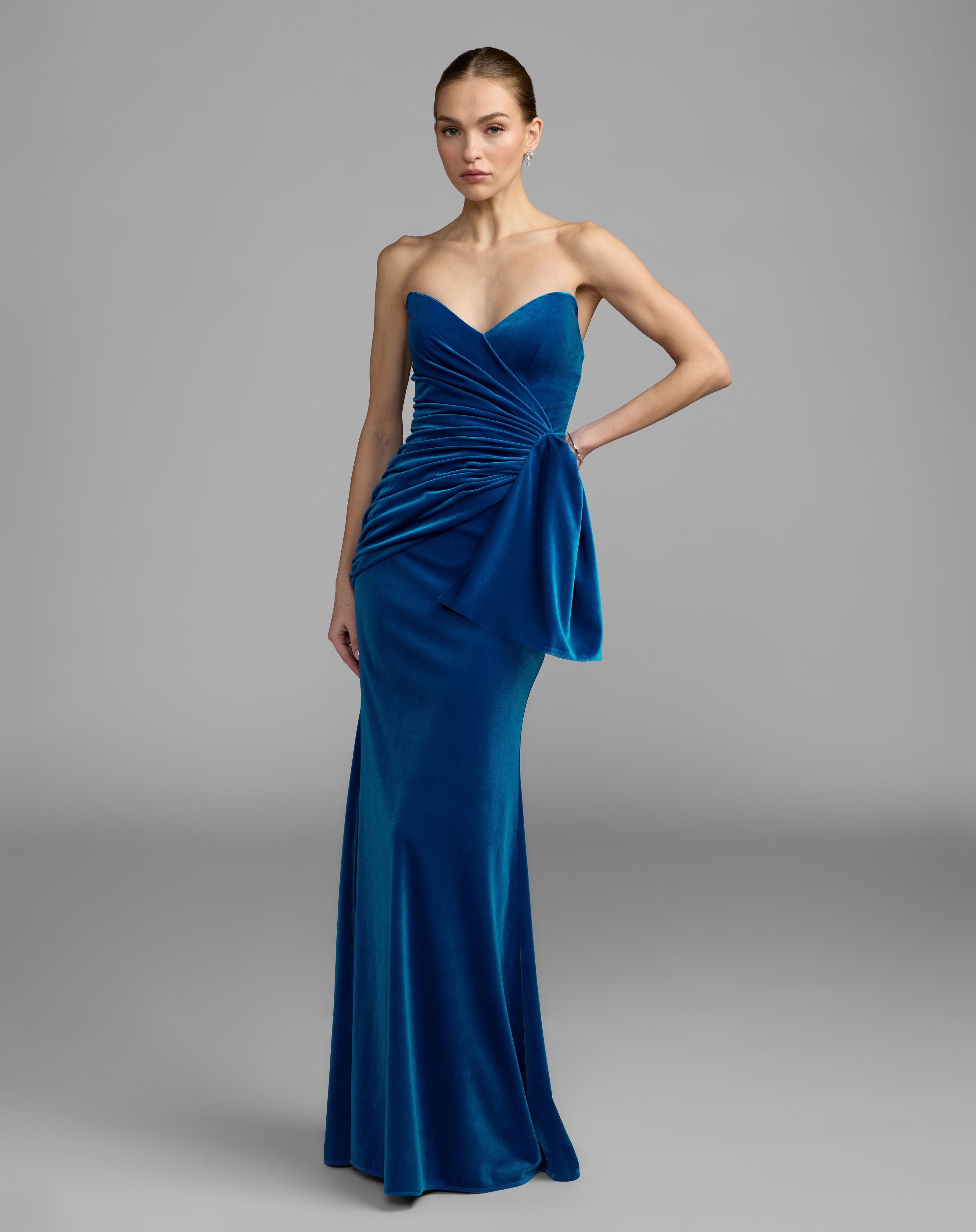 Blue Strapless Velvet Draped Column Gown - Ieena for Mac Duggal