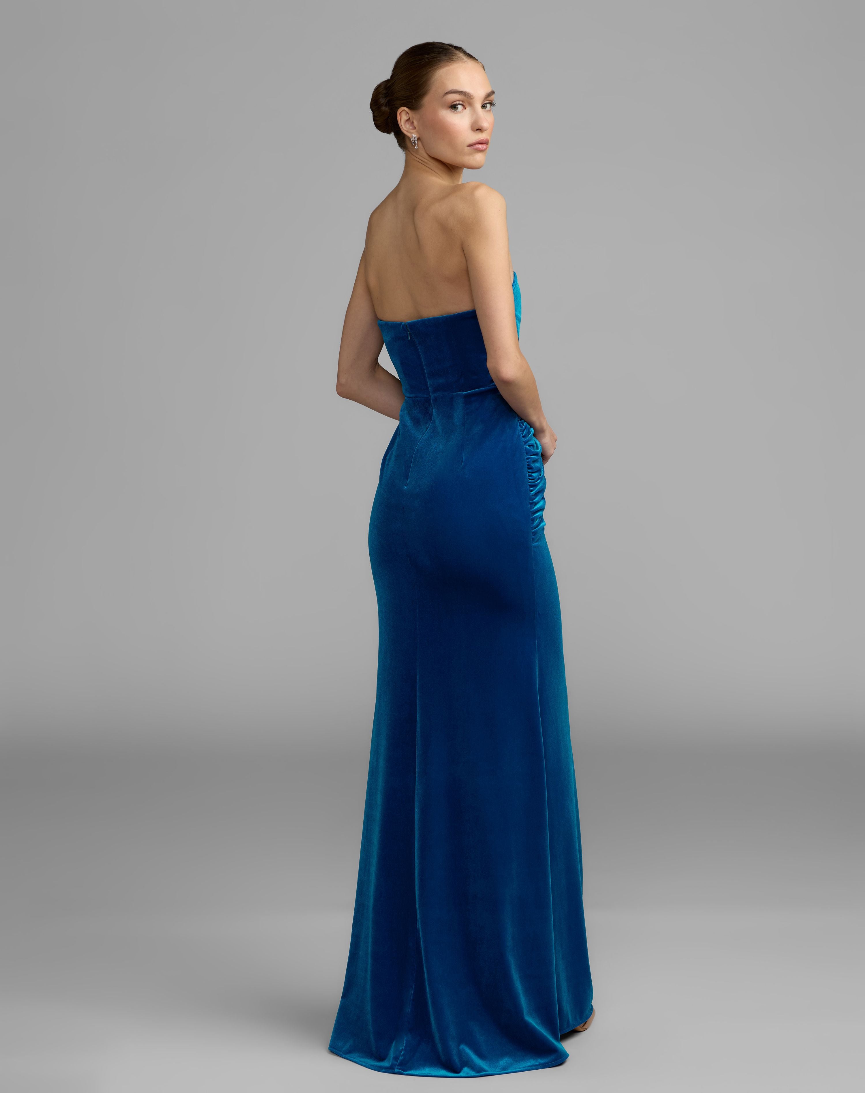 Blue Strapless Velvet Draped Column Gown - Ieena for Mac Duggal