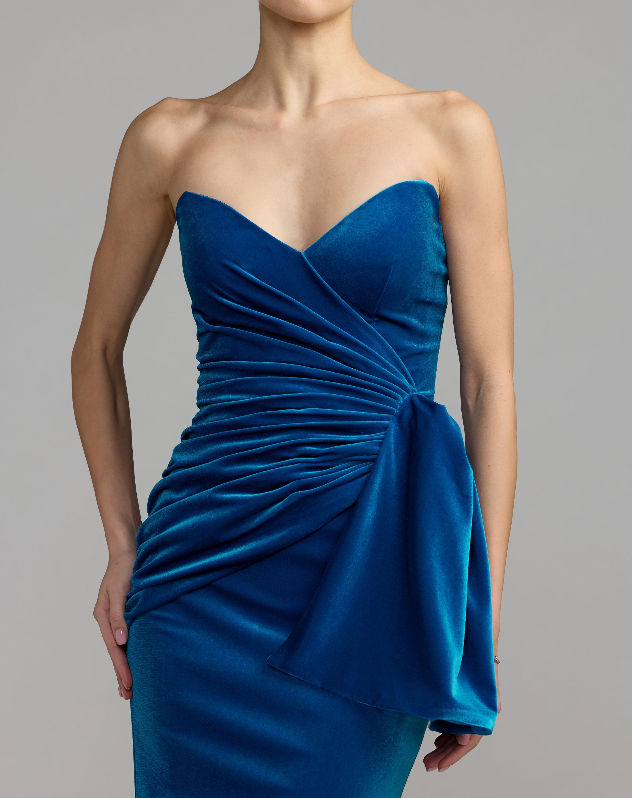 Blue Strapless Velvet Draped Column Gown - Ieena for Mac Duggal