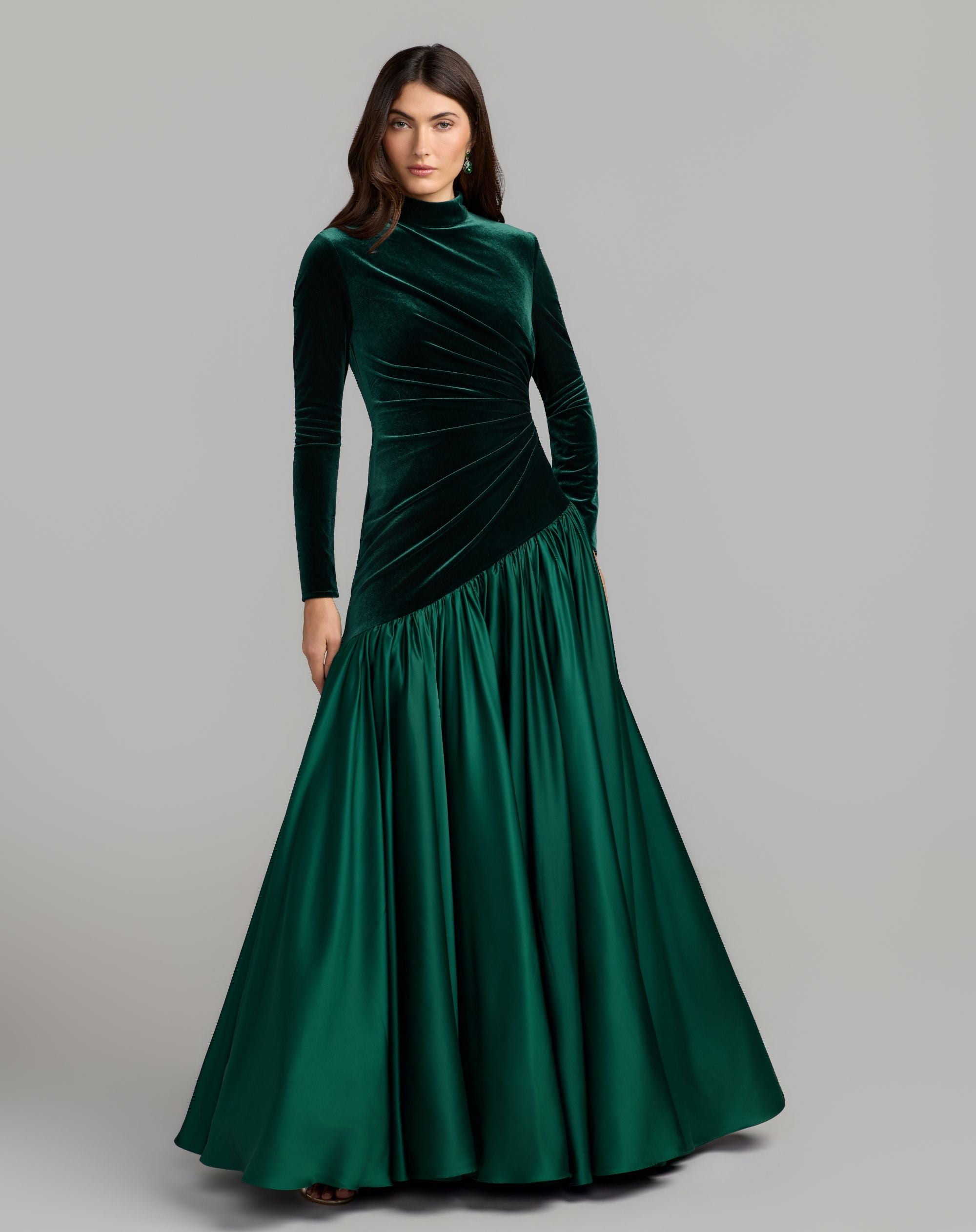 Emerald Green Velvet Bodice Long Sleeve Charmeuse Gown - Ieena for Mac Duggal