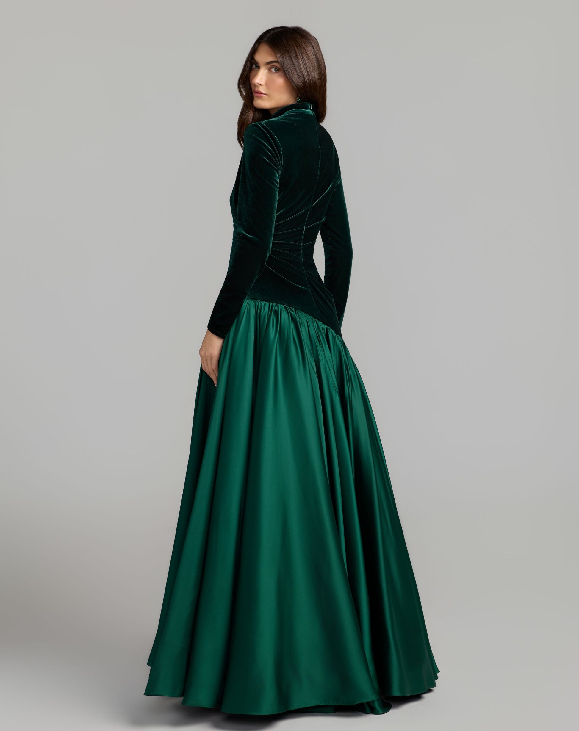 Emerald Green Velvet Bodice Long Sleeve Charmeuse Gown - Ieena for Mac Duggal