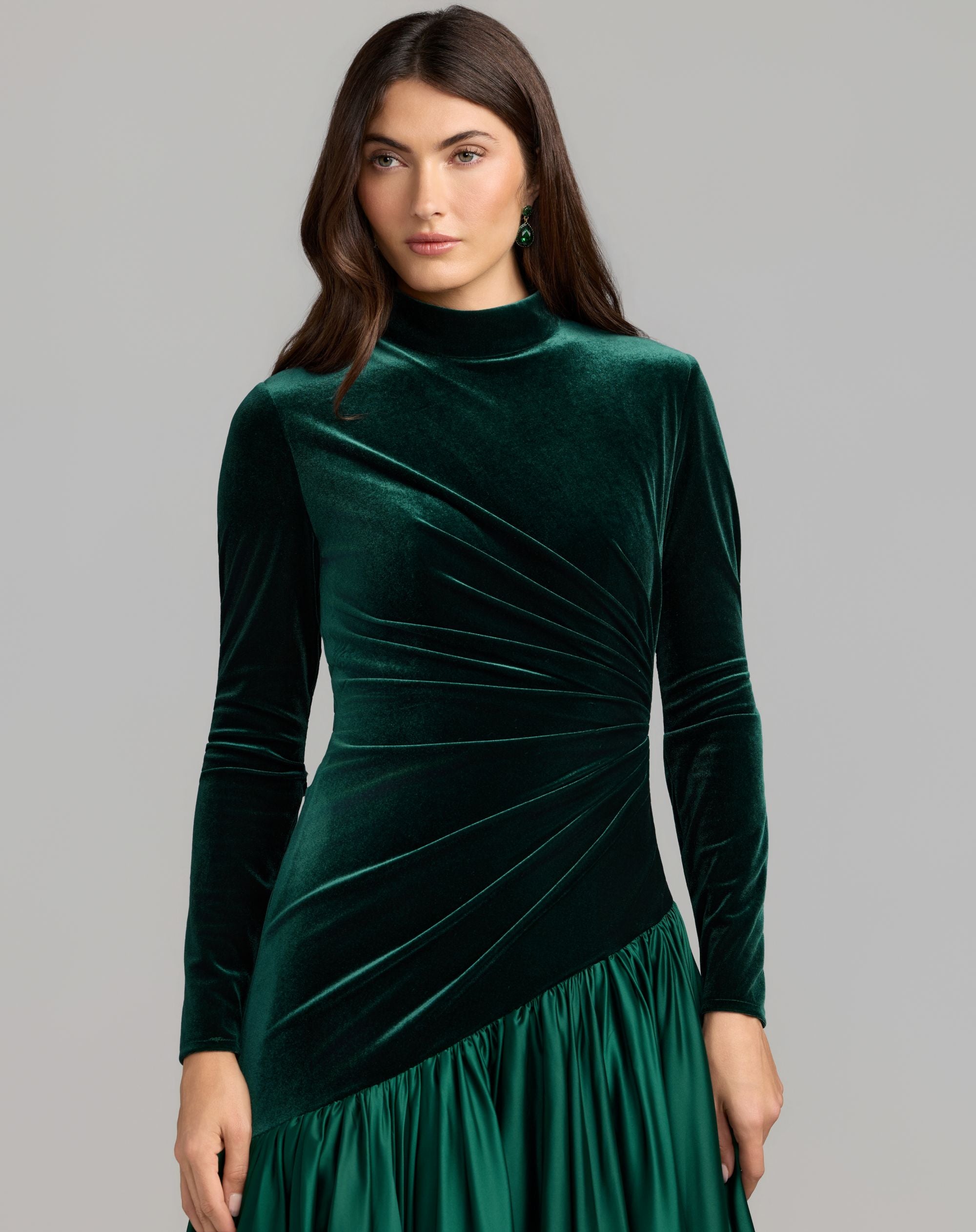 Emerald Green Velvet Bodice Long Sleeve Charmeuse Gown - Ieena for Mac Duggal