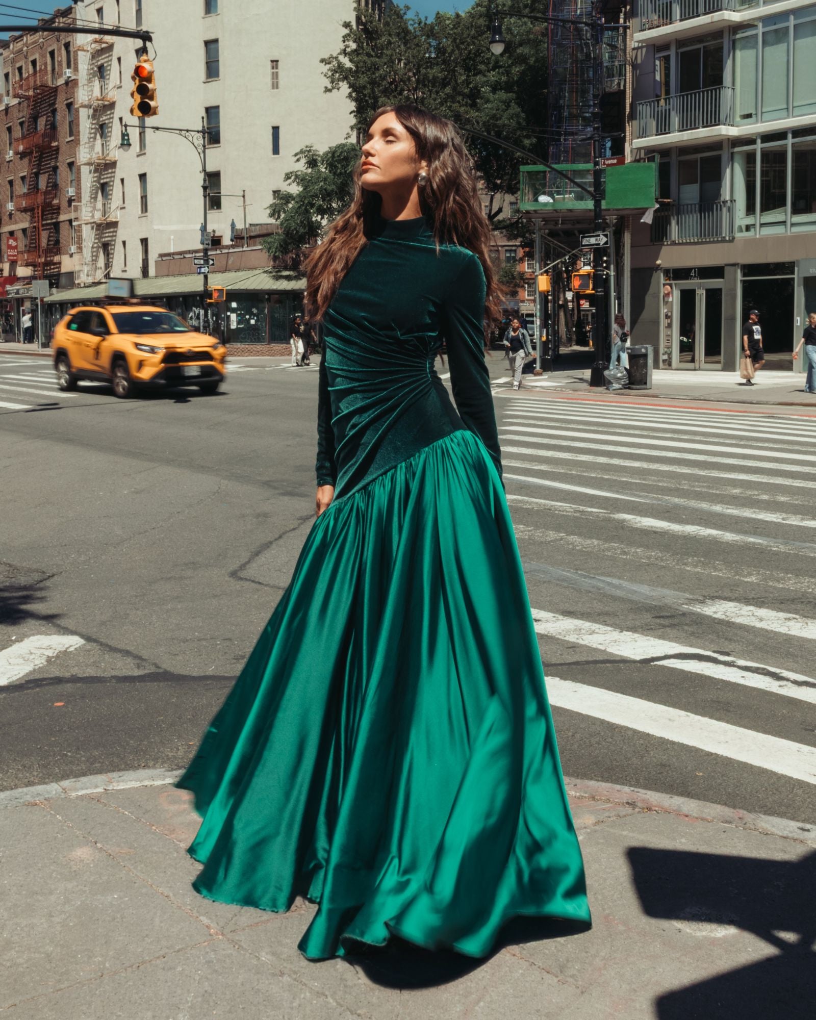 Emerald Green Velvet Bodice Long Sleeve Charmeuse Gown - Ieena for Mac Duggal