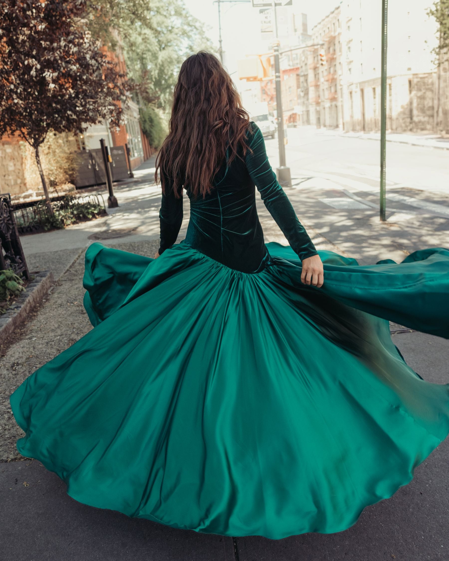 Emerald Green Velvet Bodice Long Sleeve Charmeuse Gown - Ieena for Mac Duggal