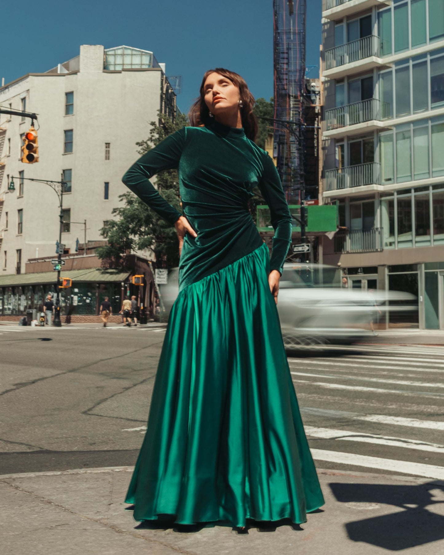 Emerald Green Velvet Bodice Long Sleeve Charmeuse Gown - Ieena for Mac Duggal