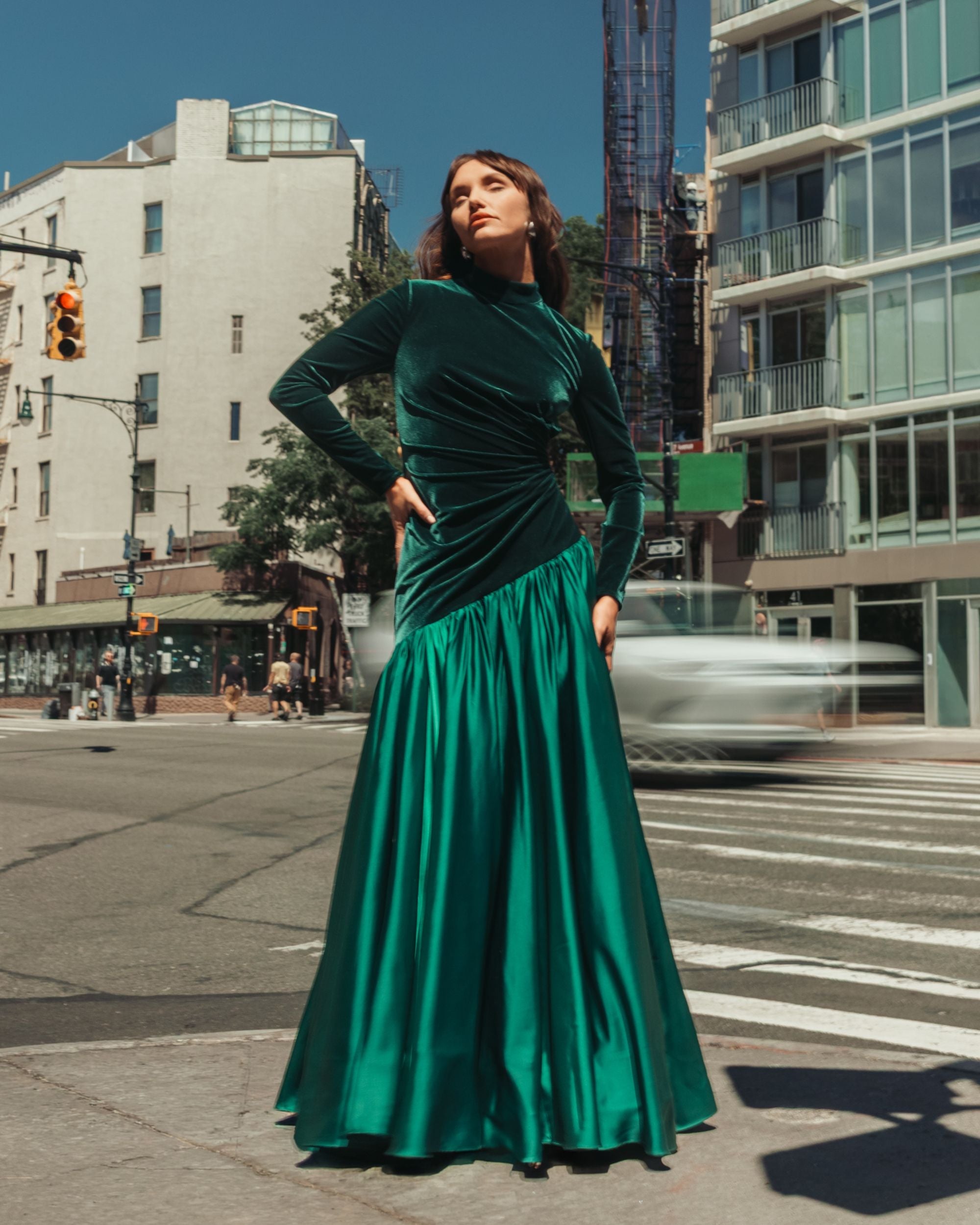 Emerald Green Velvet Bodice Long Sleeve Charmeuse Gown - Ieena for Mac Duggal