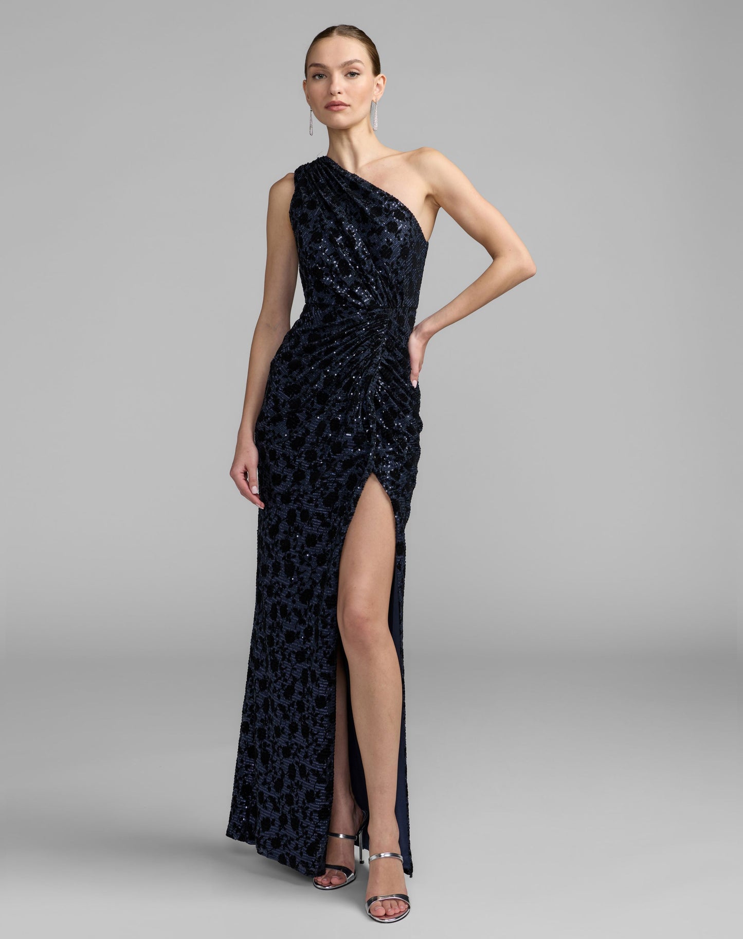 Navy Floral One Shoulder Sequin Gown With Slit - Ieena for Mac Duggal