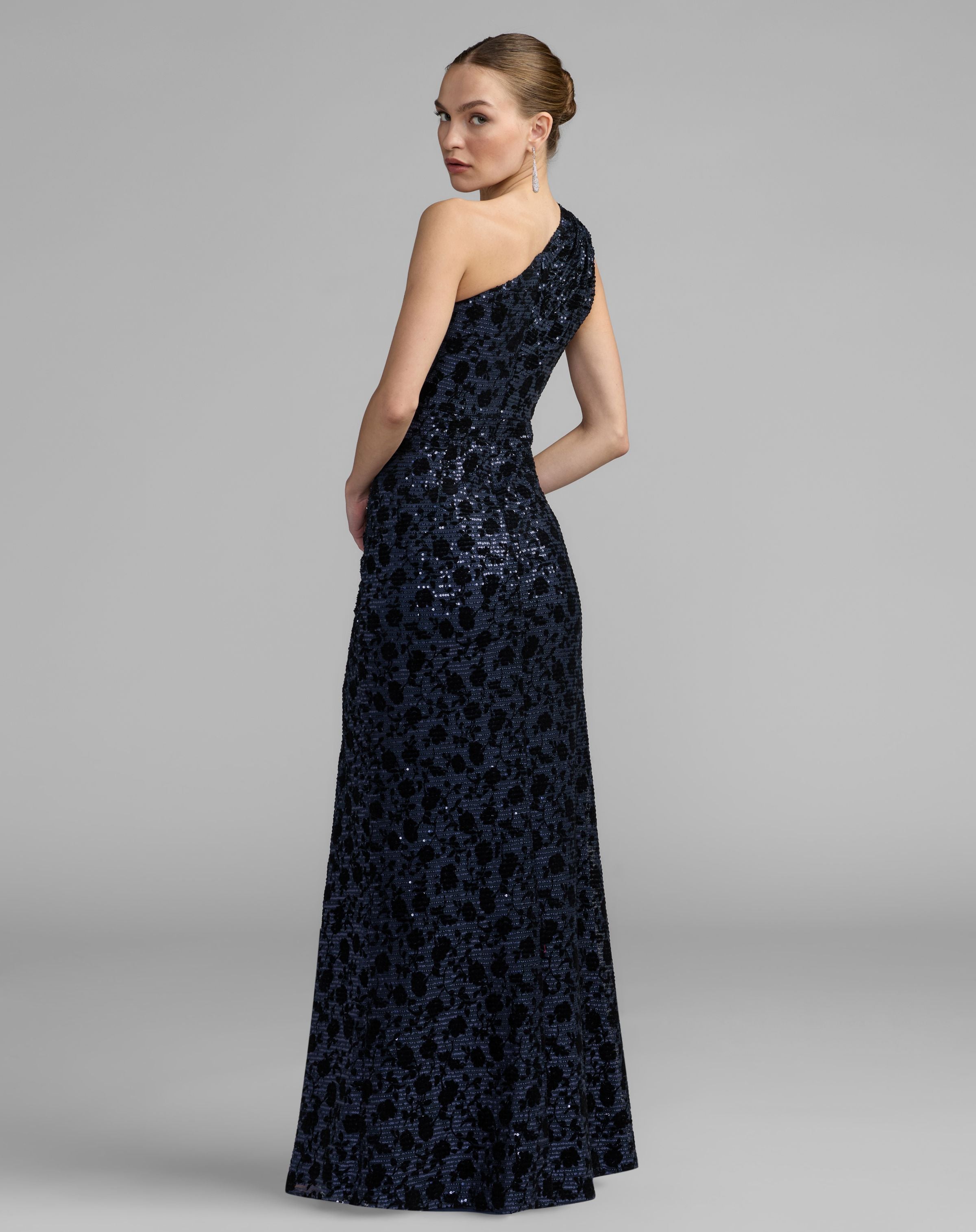 Navy Floral One Shoulder Sequin Gown With Slit - Ieena for Mac Duggal