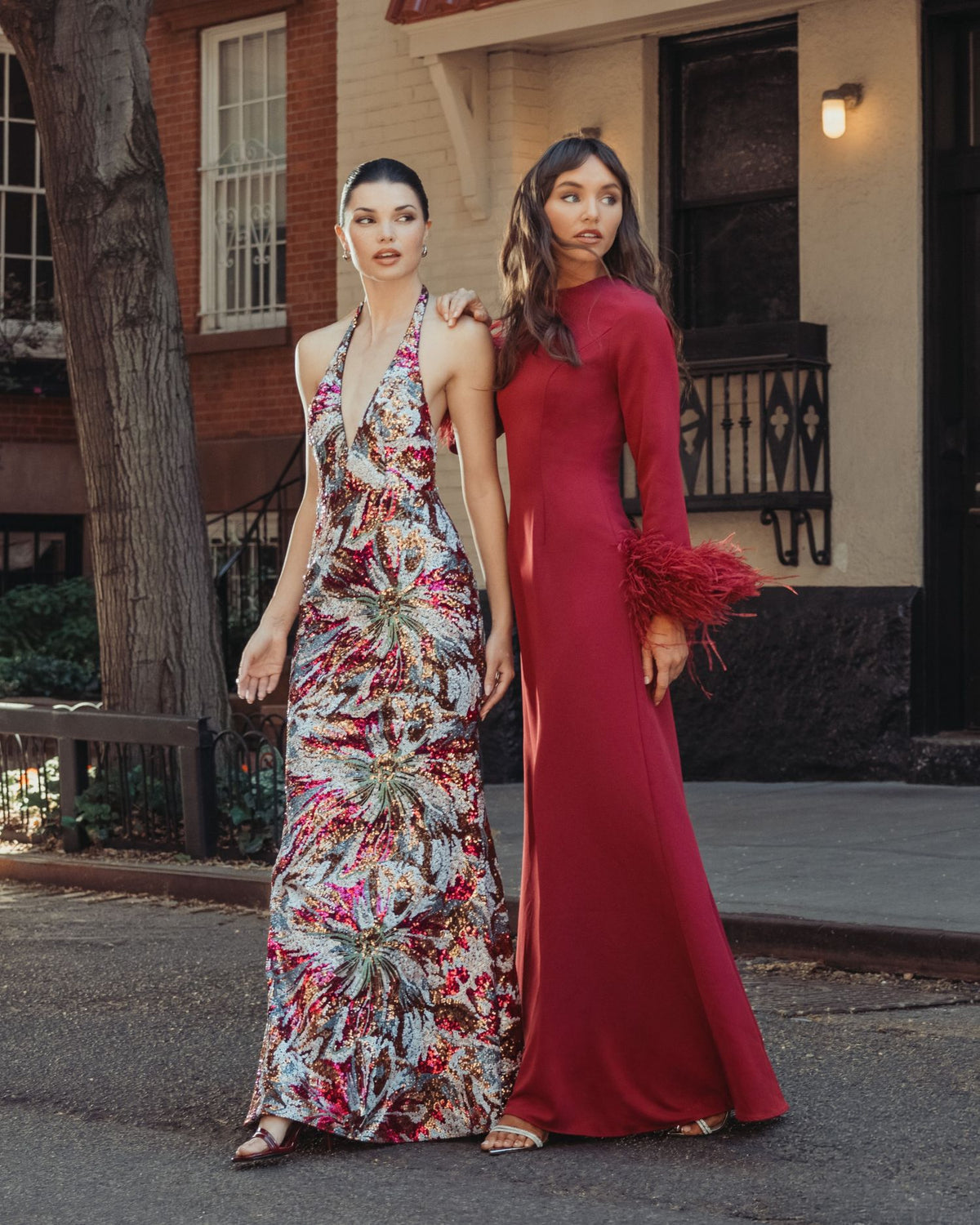 Maroon Feather Cuff Long Sleeve A-Line Gown Ieena for Mac Duggal