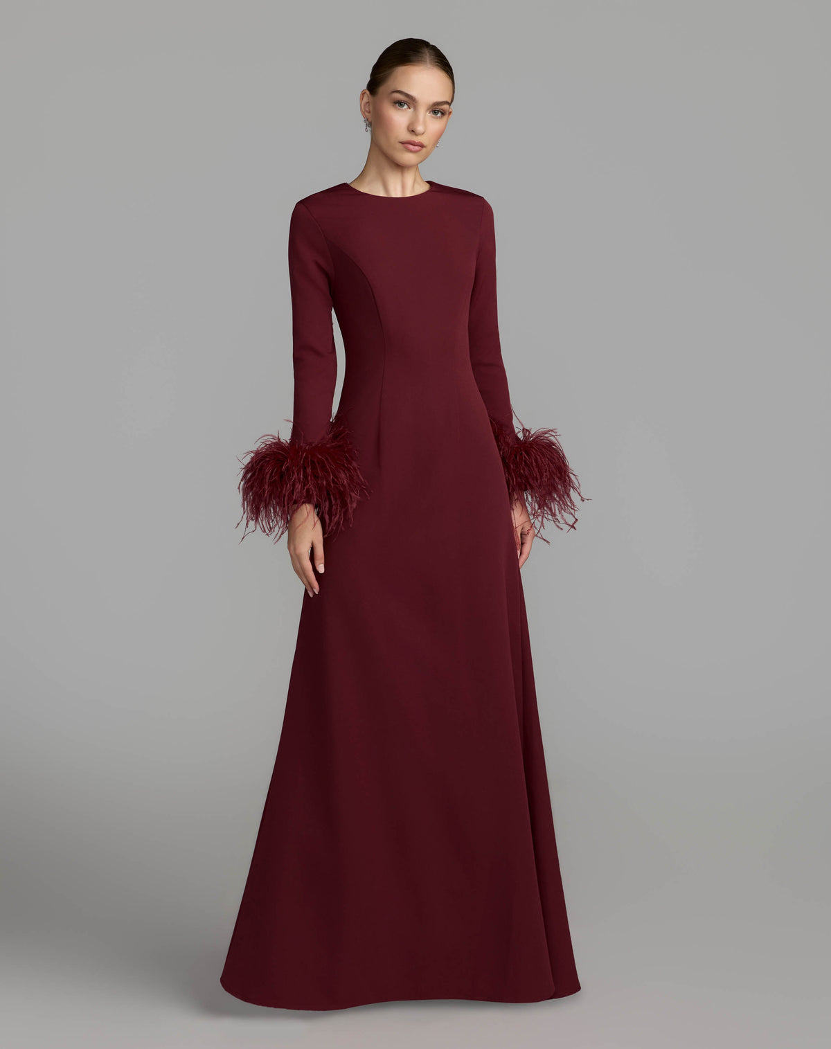 Maroon Feather Cuff Long Sleeve A-Line Gown Ieena for Mac Duggal