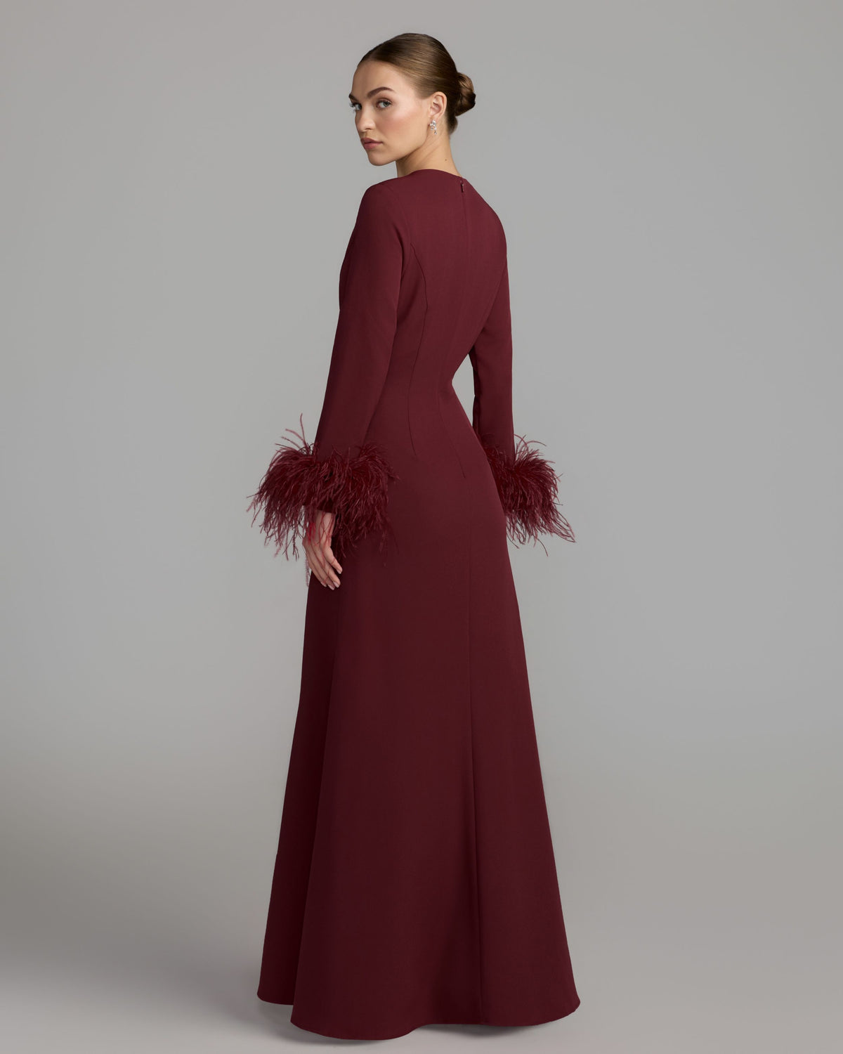 Maroon Feather Cuff Long Sleeve A-Line Gown Ieena for Mac Duggal