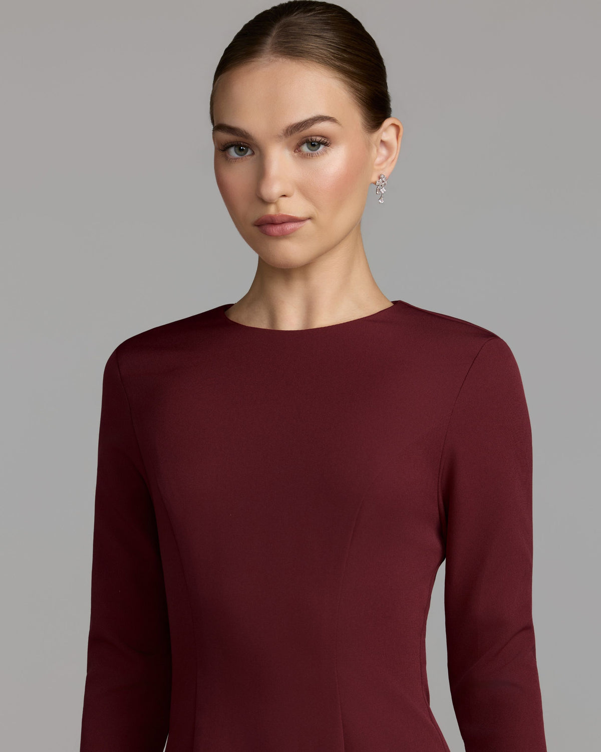 Maroon Feather Cuff Long Sleeve A-Line Gown Ieena for Mac Duggal